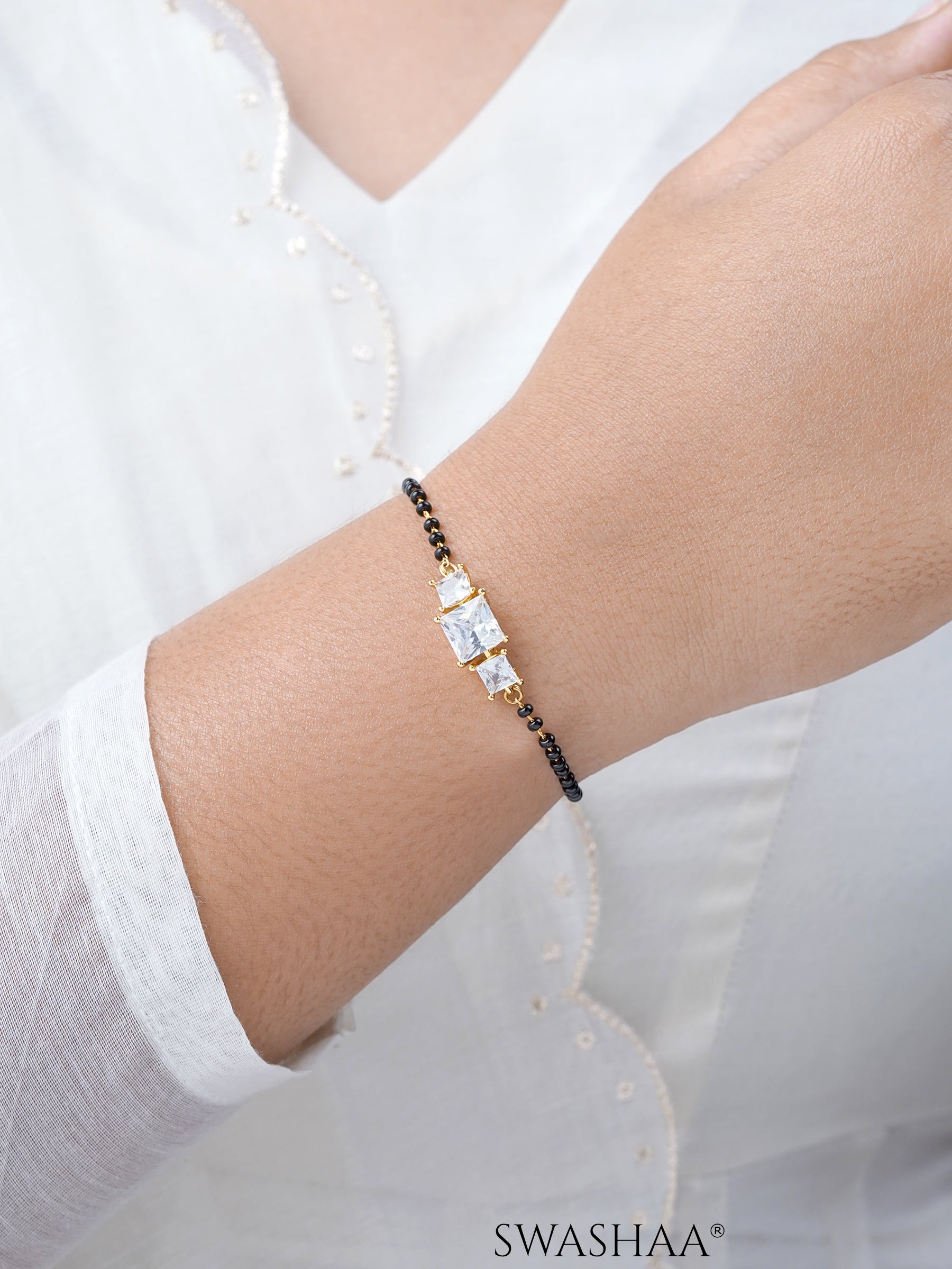 Square Cut Trio Diamond Solitaire 18K Gold Plated Mangalsutra Bracelets