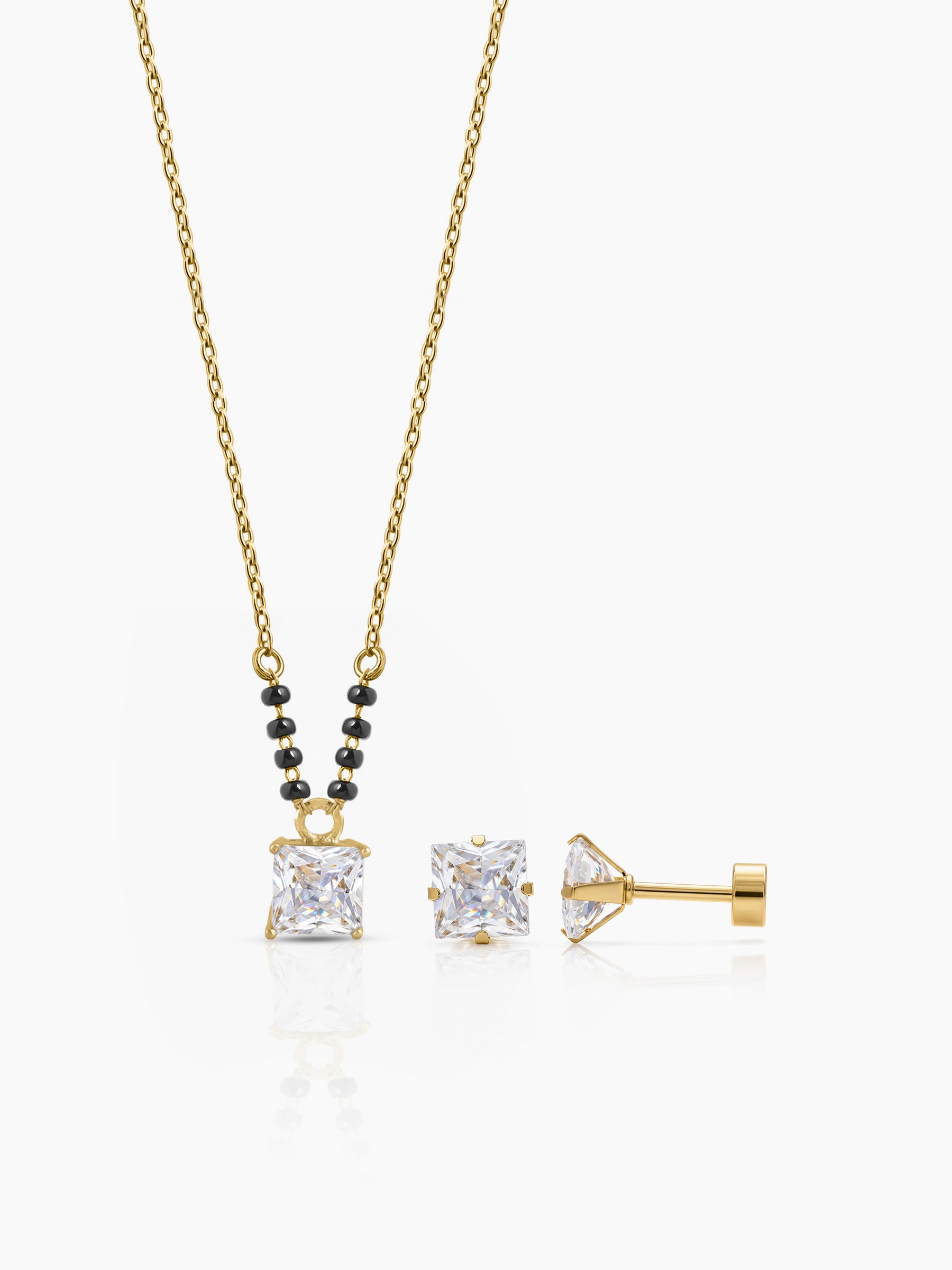 Square Solitaire Diamond 18K Gold Plated Mangalsutra Jewelry Set Of 2 - Necklace & Earrings