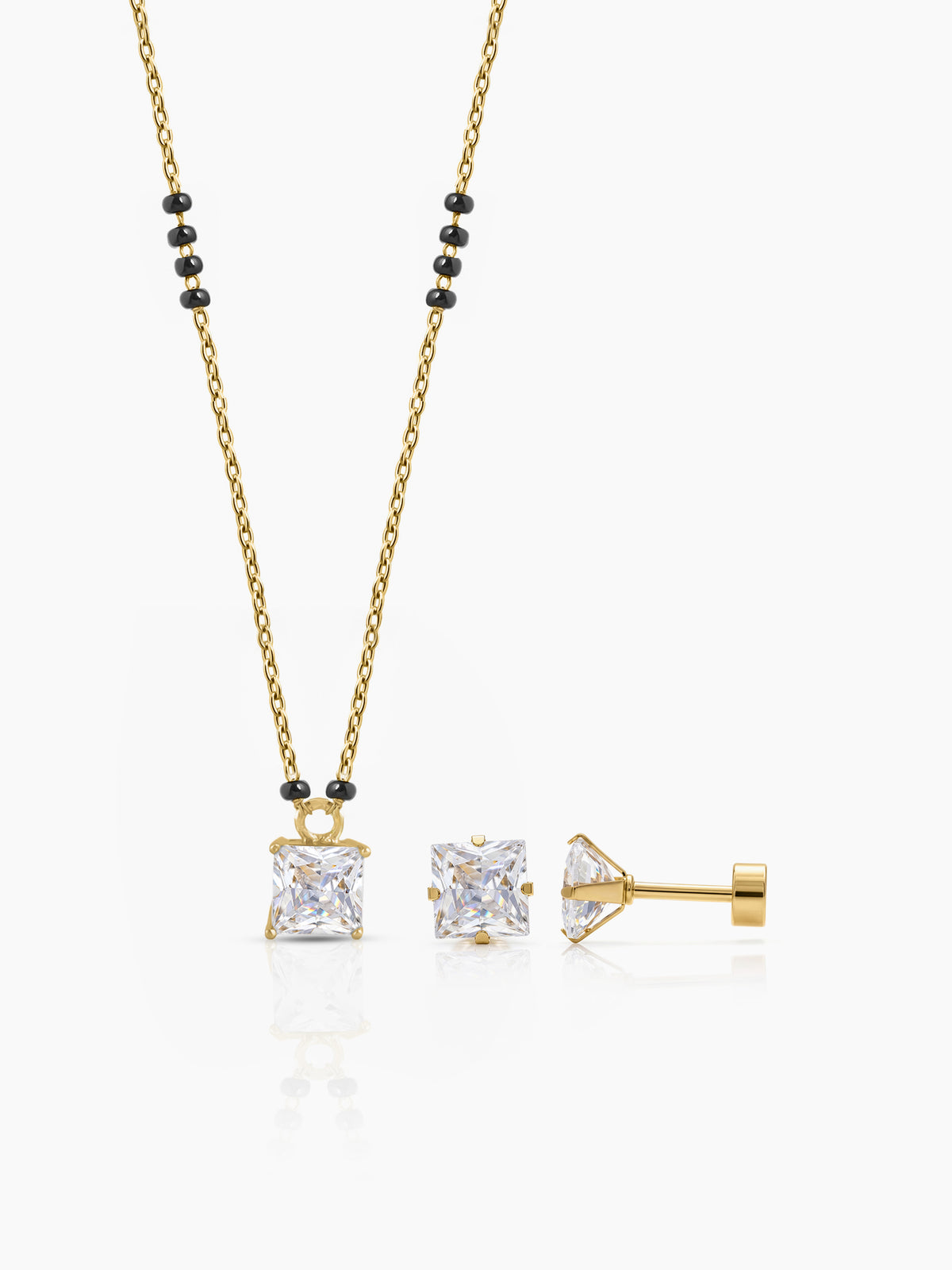 Square Solitaire 18K Gold Plated Mangalsutra Jewelry Set Of 2 - Necklace & Earrings