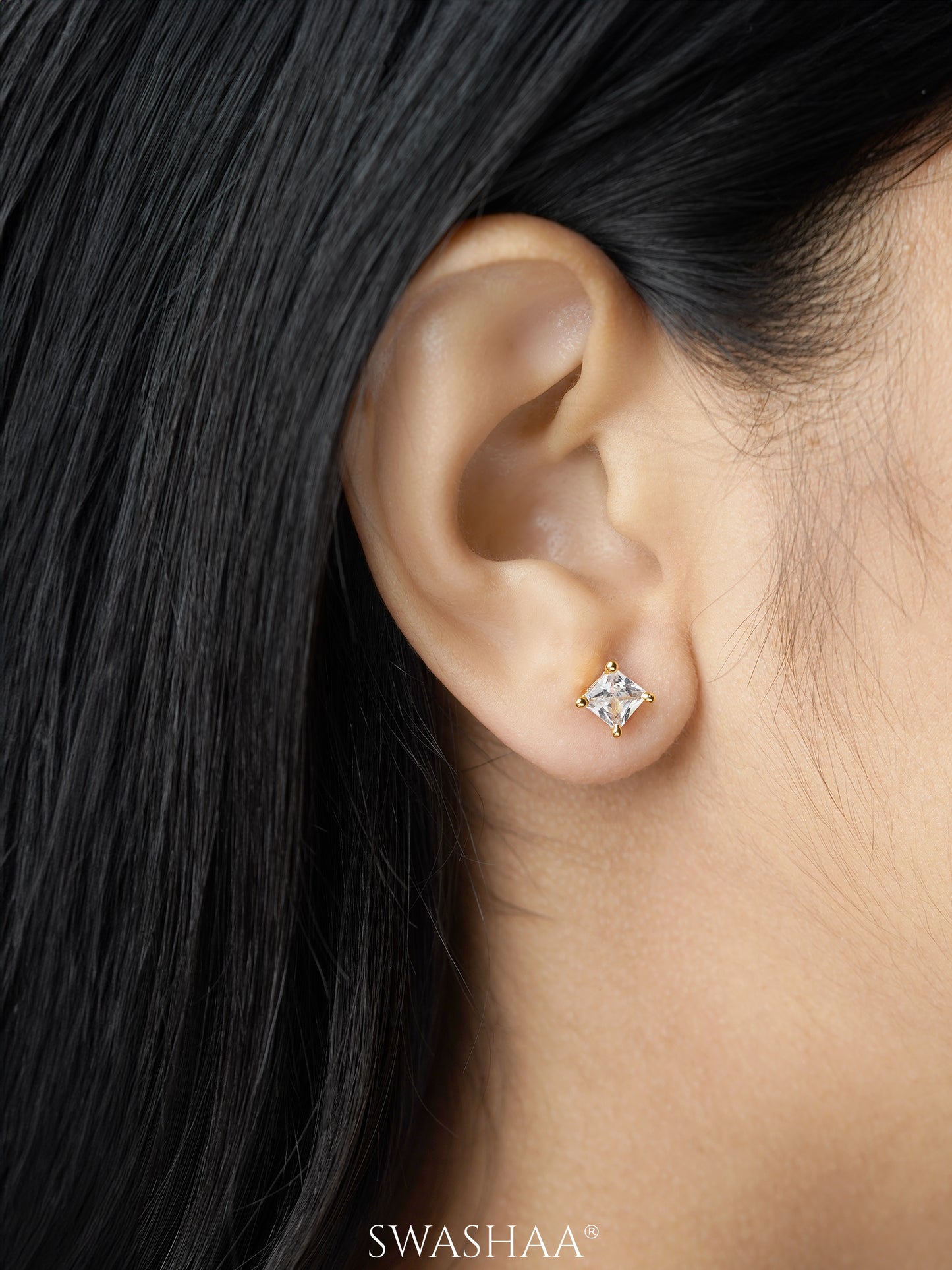 Square Solitaire 18K Gold Plated Stud Earrings