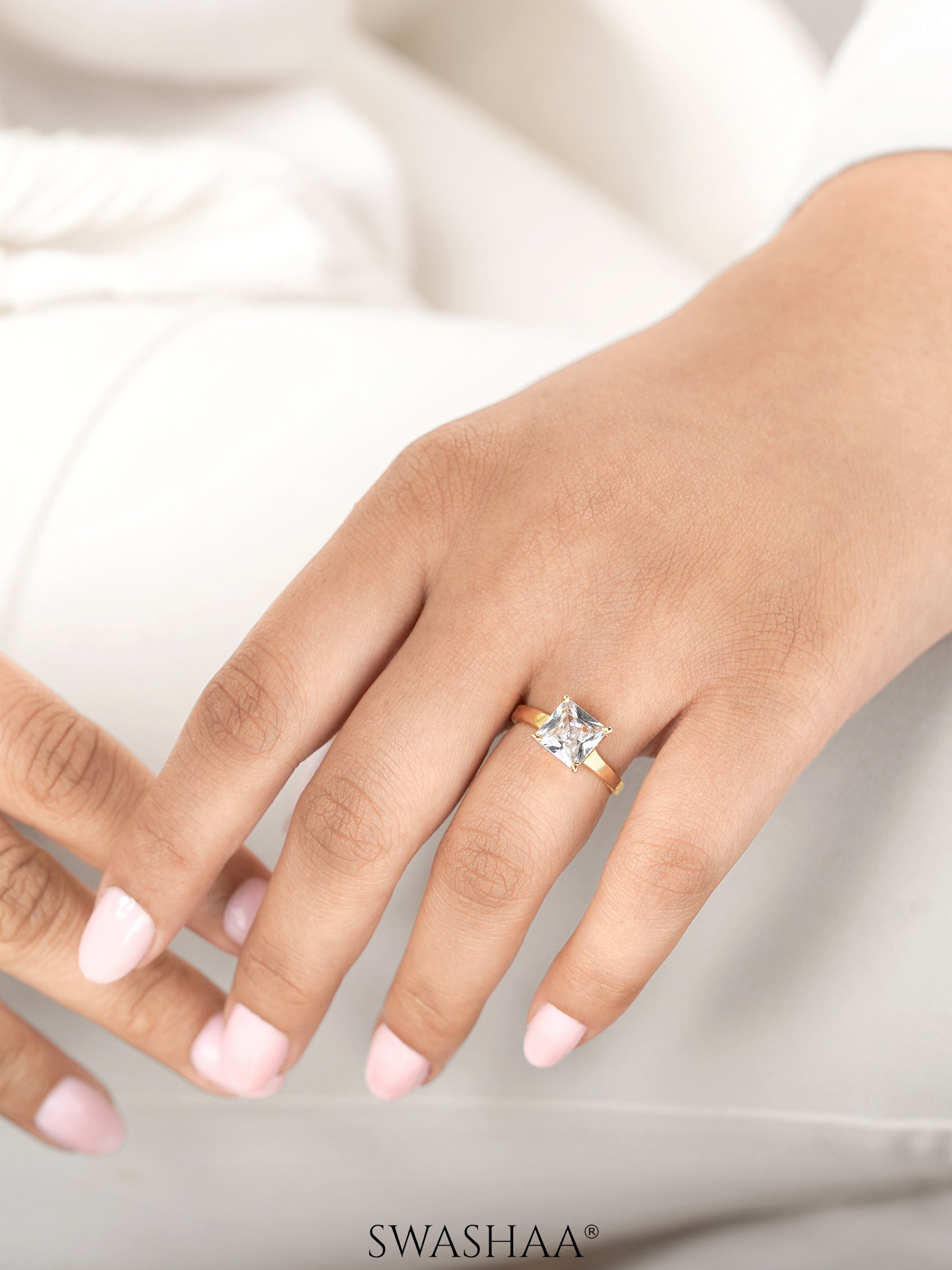 Square Diamond Solitaire 18K Gold Plated Ring