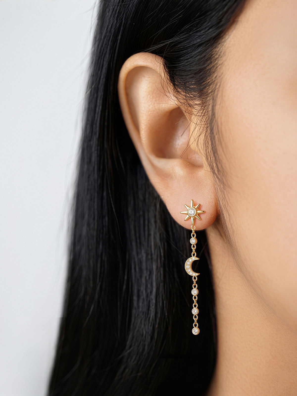 Starla Diamond Solitaire Star, Moon Charms 18K Gold Plated Women's Dangling Earrings