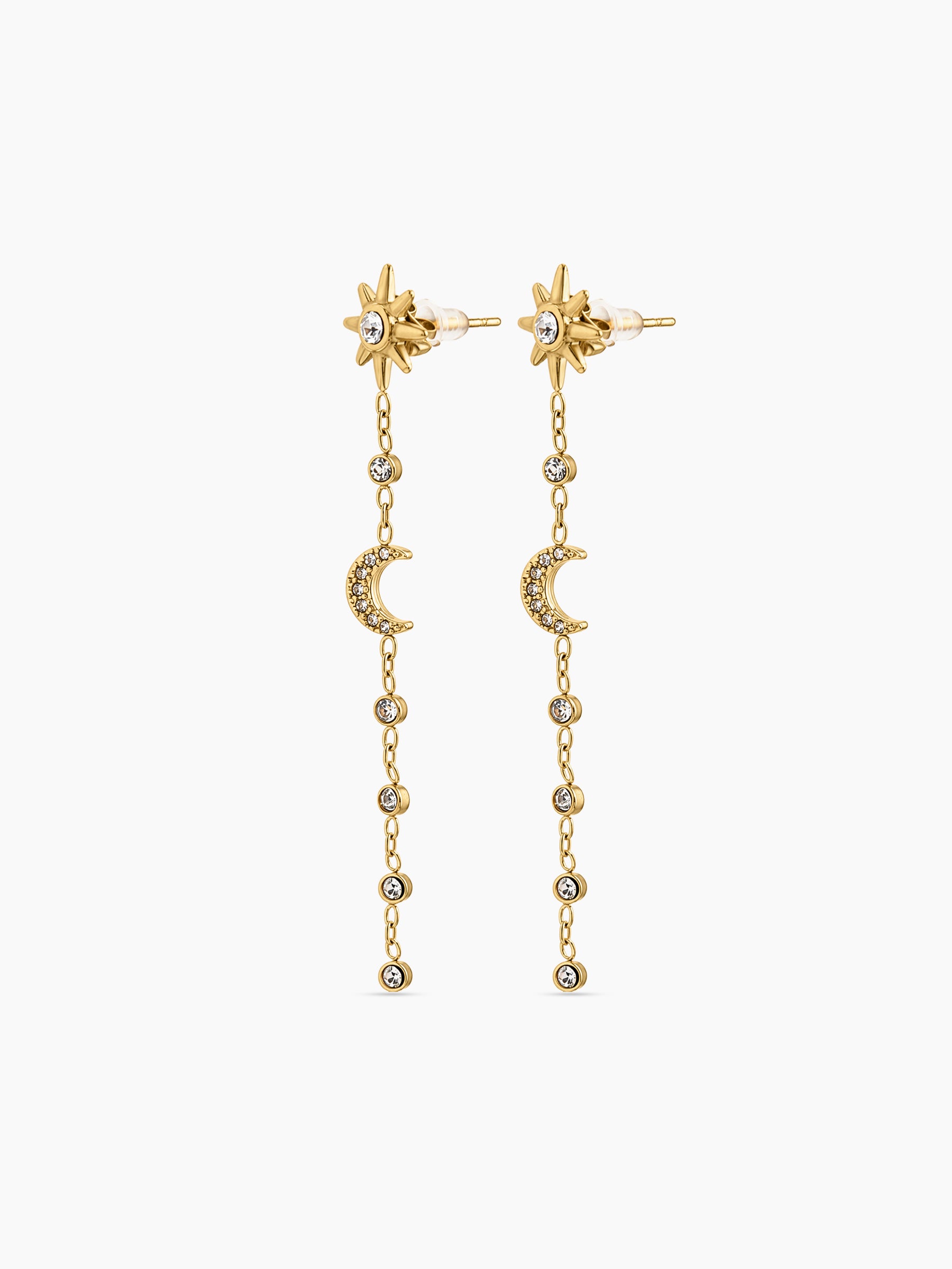 Starla Diamond Solitaire Star, Moon Charms 18K Gold Plated Women's Dangling Earrings