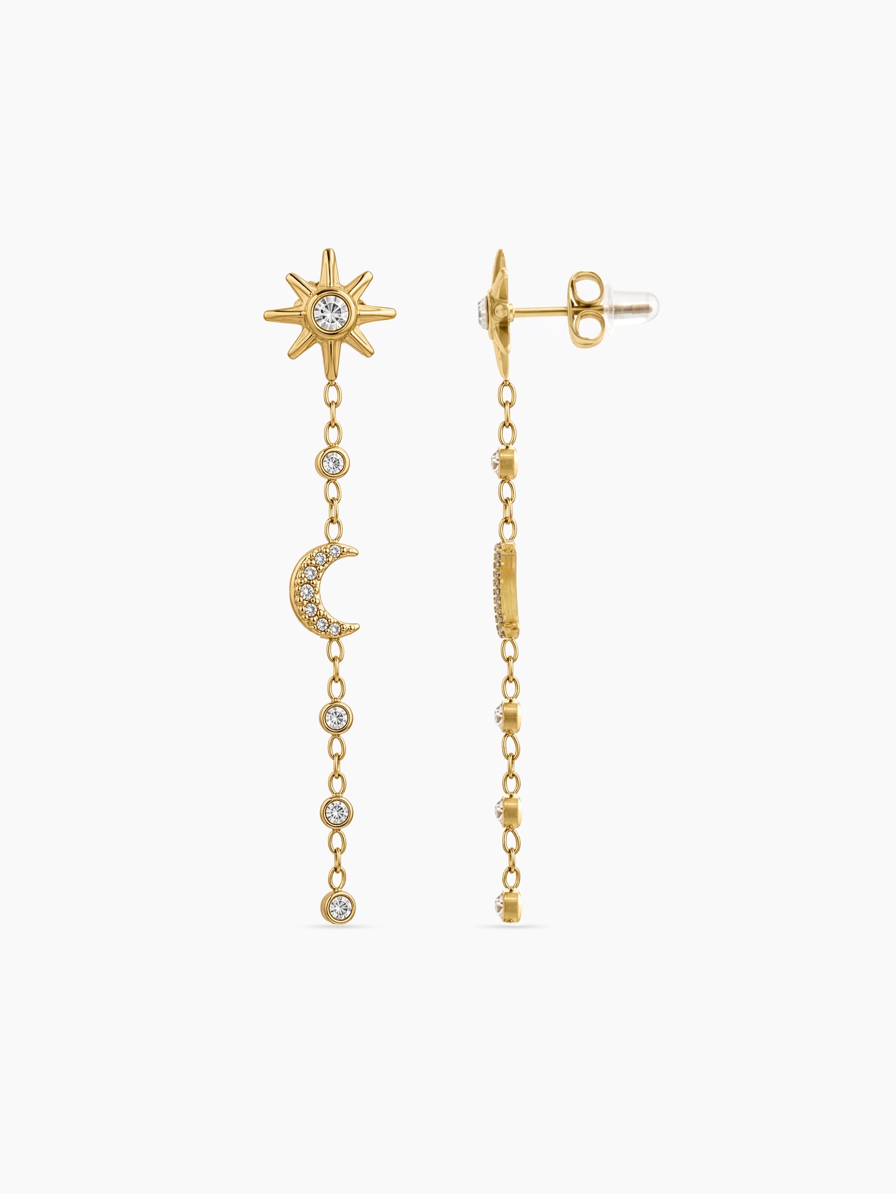 Starla Diamond Solitaire Star, Moon Charms 18K Gold Plated Women's Dangling Earrings
