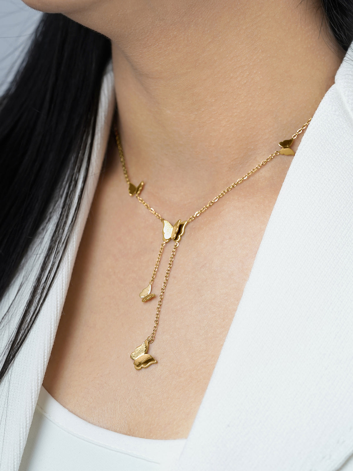 Statement Butterfly Charms 18K Gold Plated Y-shaped Chain Pendant Necklace