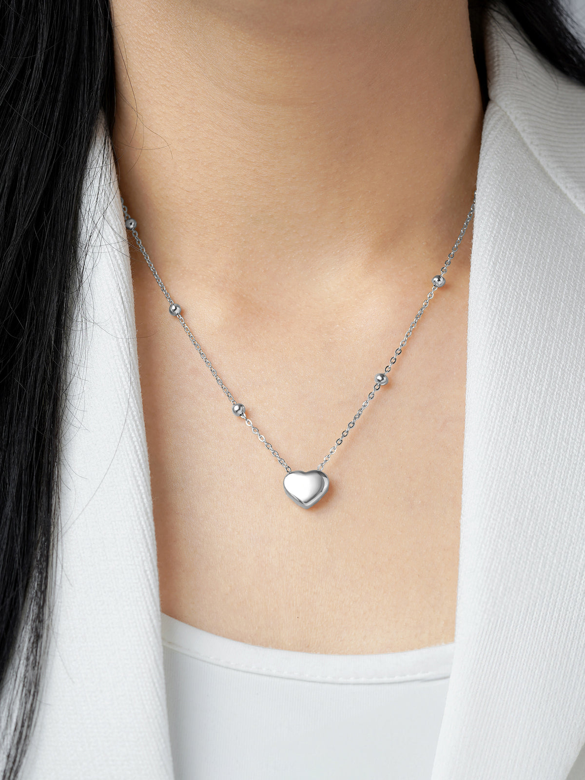 Statement Heart Charm Beads Silver Necklace