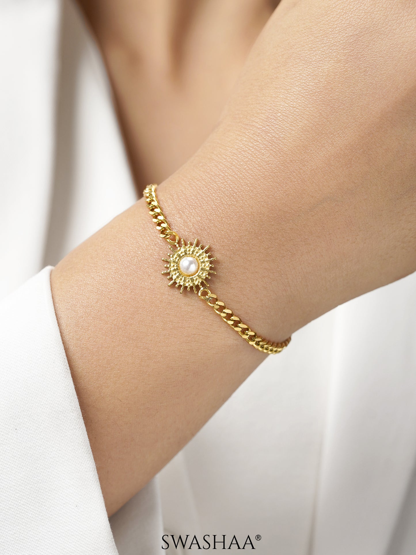 Sun And Pearl Charm 18K Gold Plated Loose Chain Bracelet