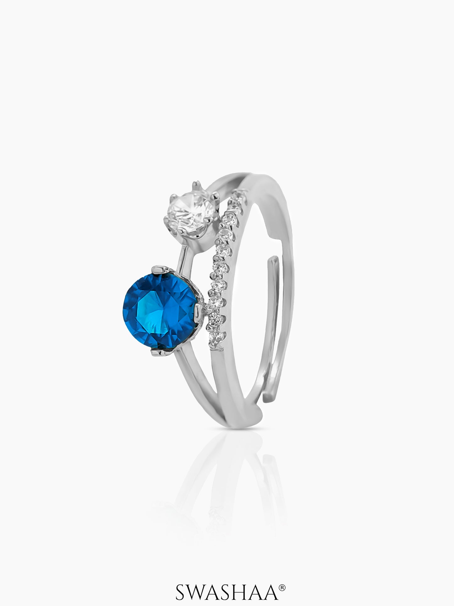 Tiahna Double Diamond Solitaire Blue Silver Ring