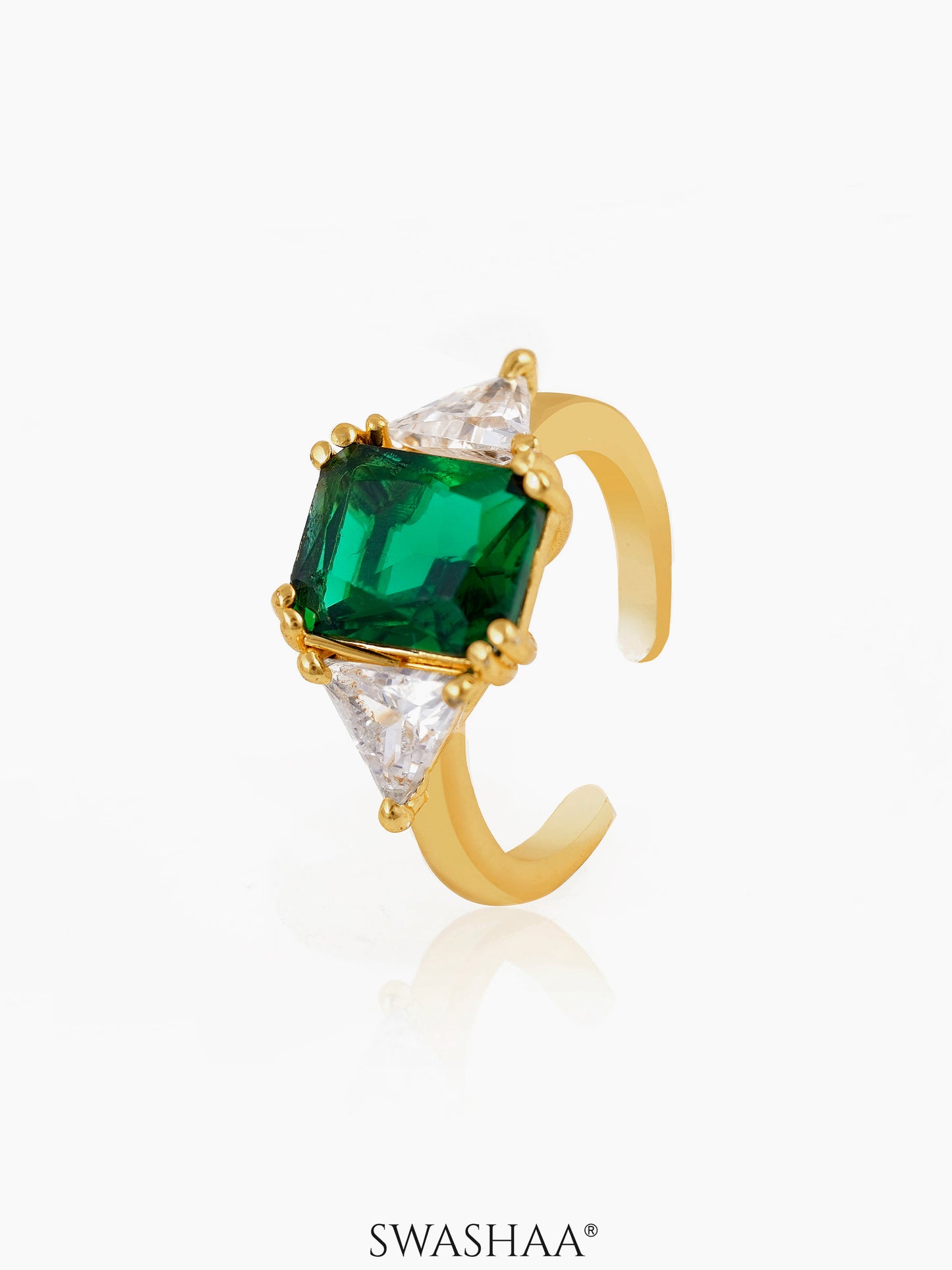 Tanaya Green Emarald White Solitaire 18K Gold Plated Ring