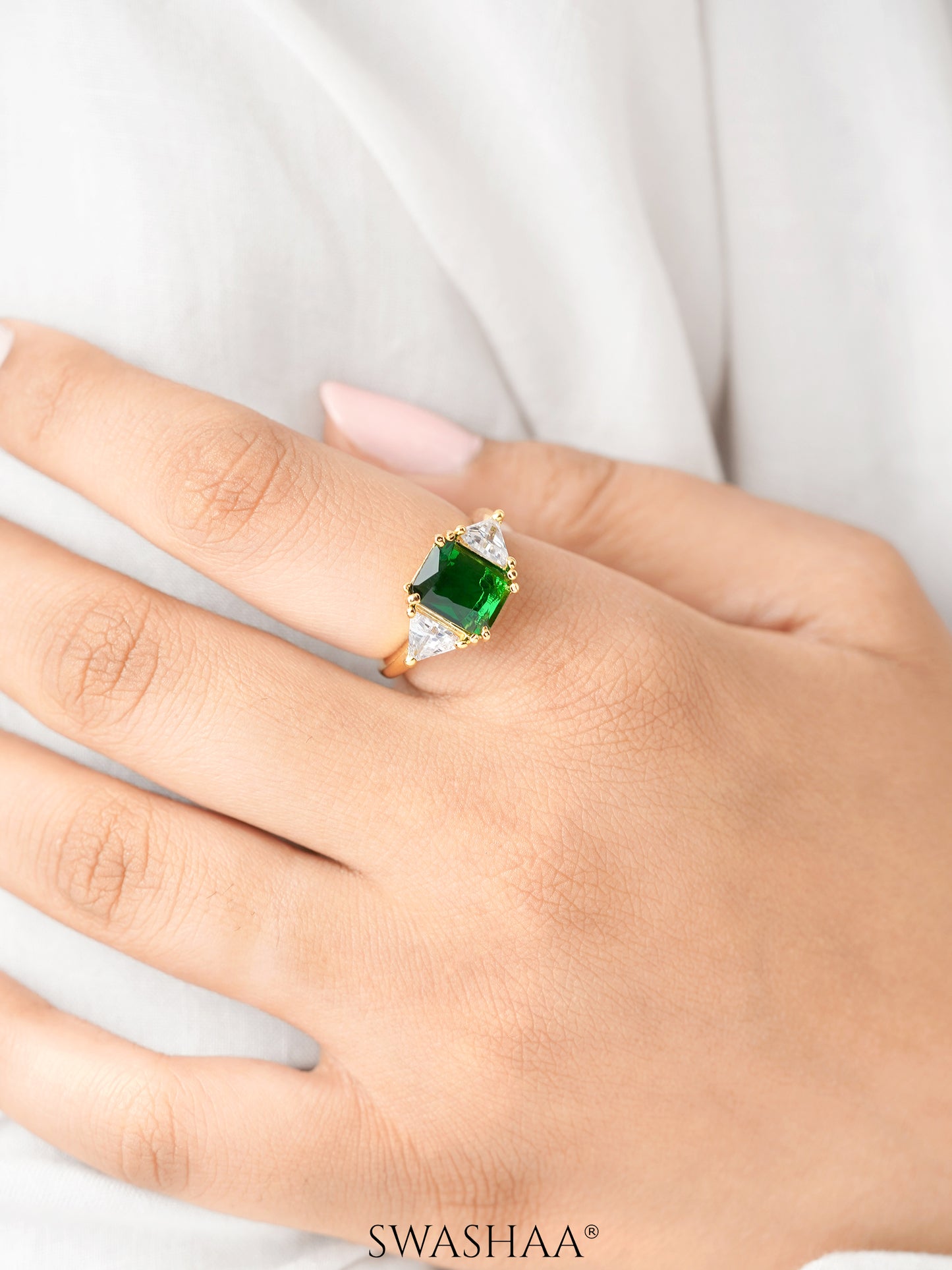 Tanaya Green Emarald White Solitaire 18K Gold Plated Ring