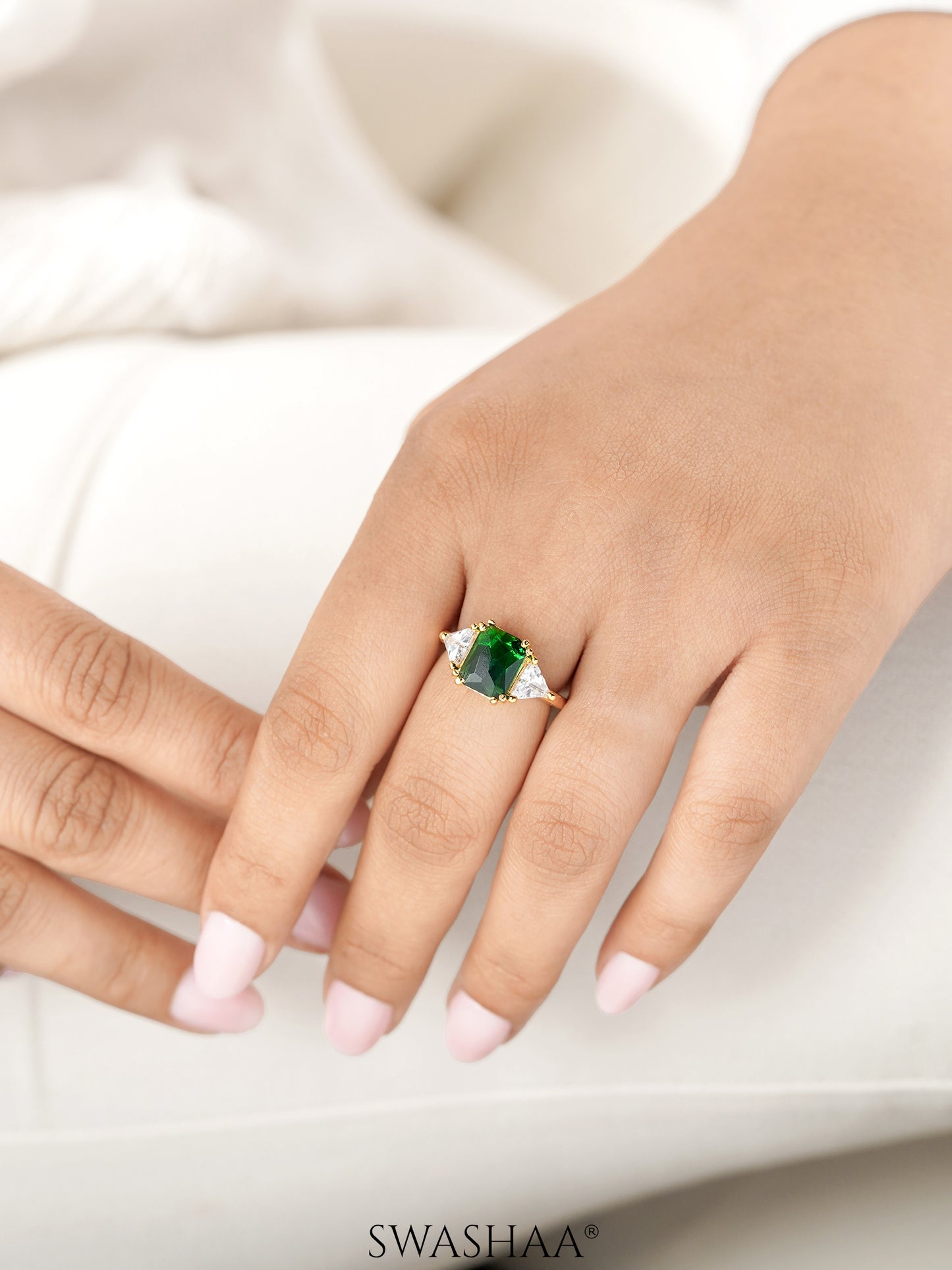 Tanaya Green Emarald White Solitaire 18K Gold Plated Ring
