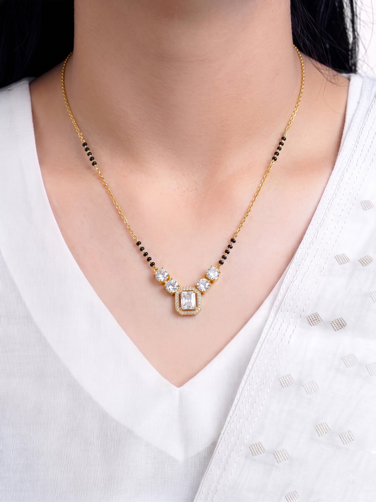 Tanisha Diamond Halo Shimmering Round Solitaires 18K Gold Plated Mangalsutra