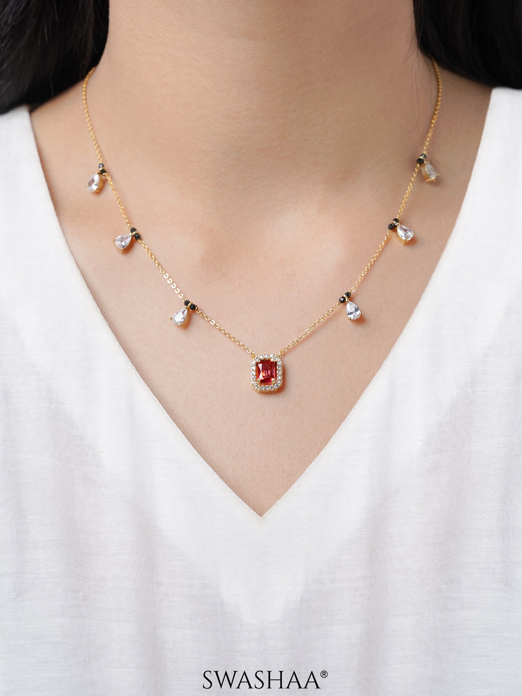 Tara Pink Emerald Shape Pear Diamond 18K Gold Plated Mangalsutra