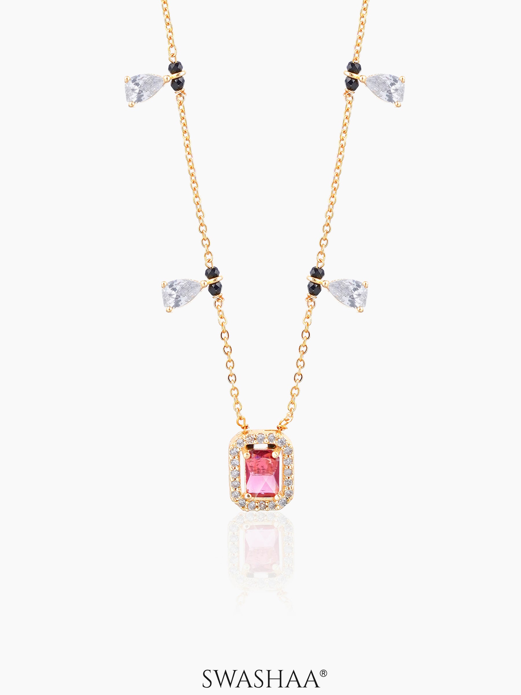 Tara Pink Emerald Shape Pear Diamond 18K Gold Plated Mangalsutra