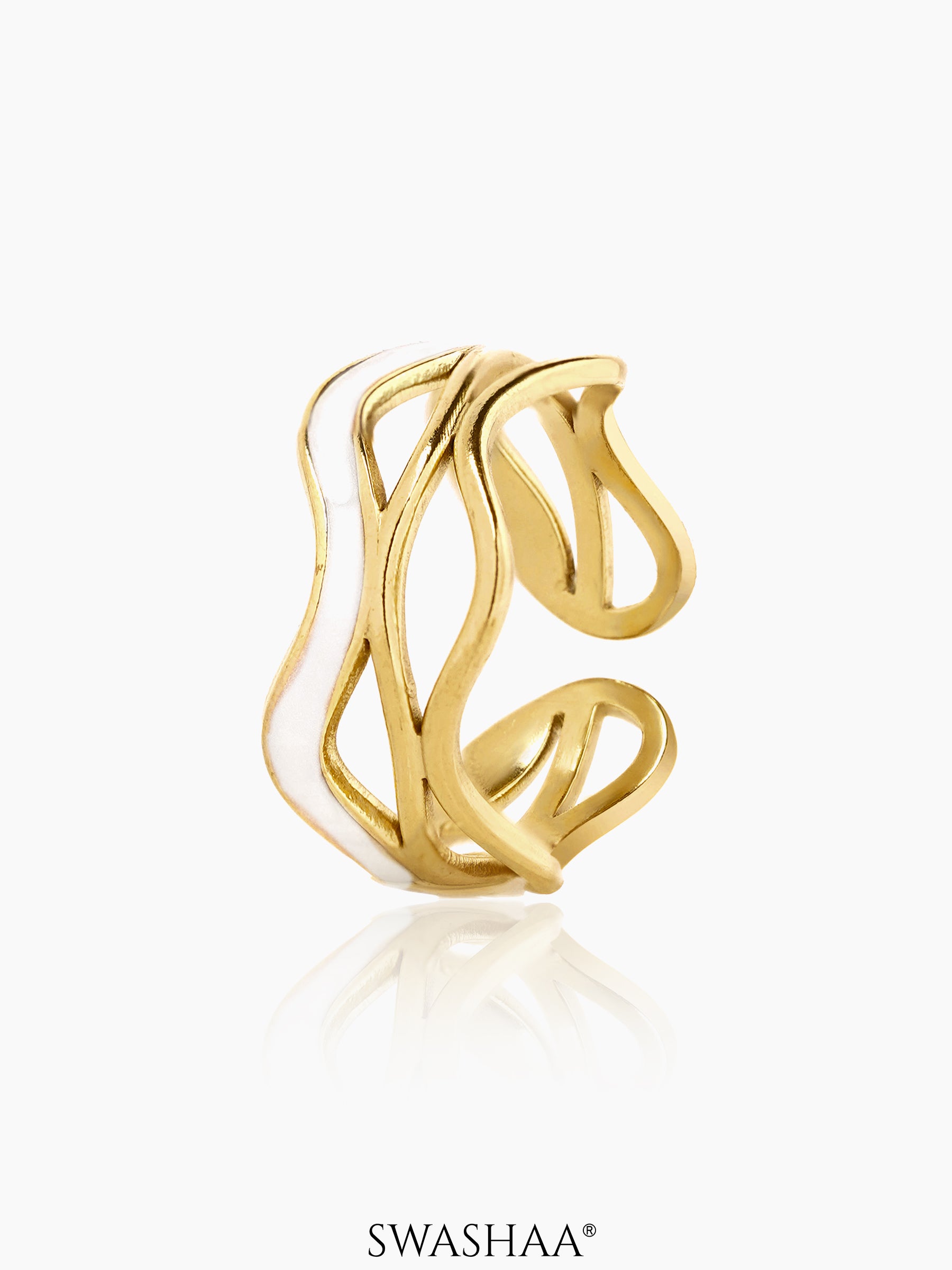 Tariya White Wavy Curves Enamel 18K Gold Plated Ring