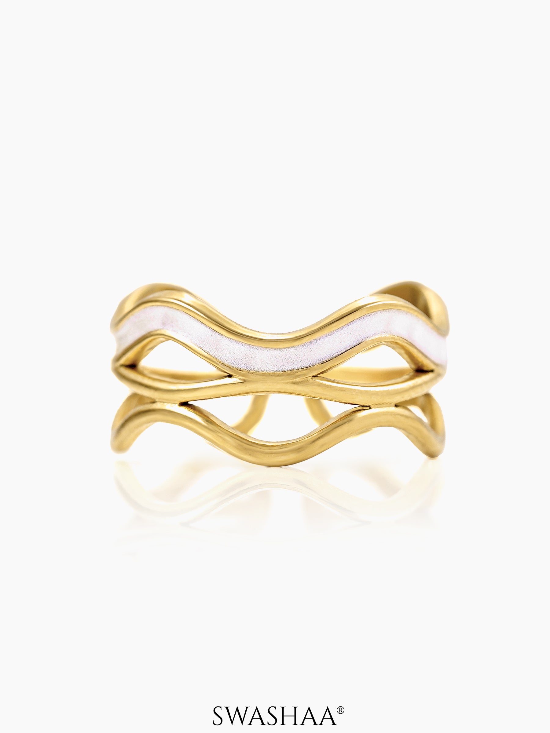 Tariya White Wavy Curves Enamel 18K Gold Plated Ring