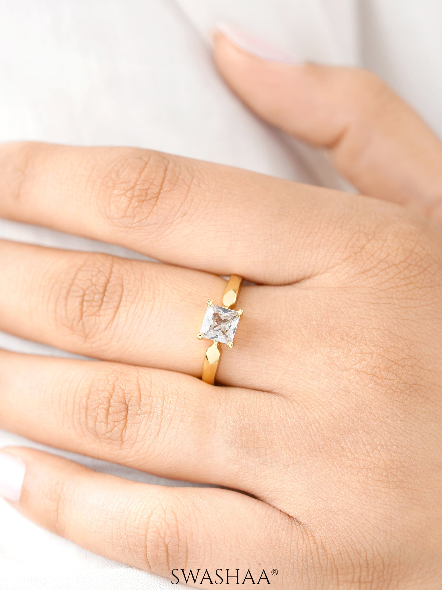 Tashi Square Diamond Solitaire 18K Gold Plated Ring