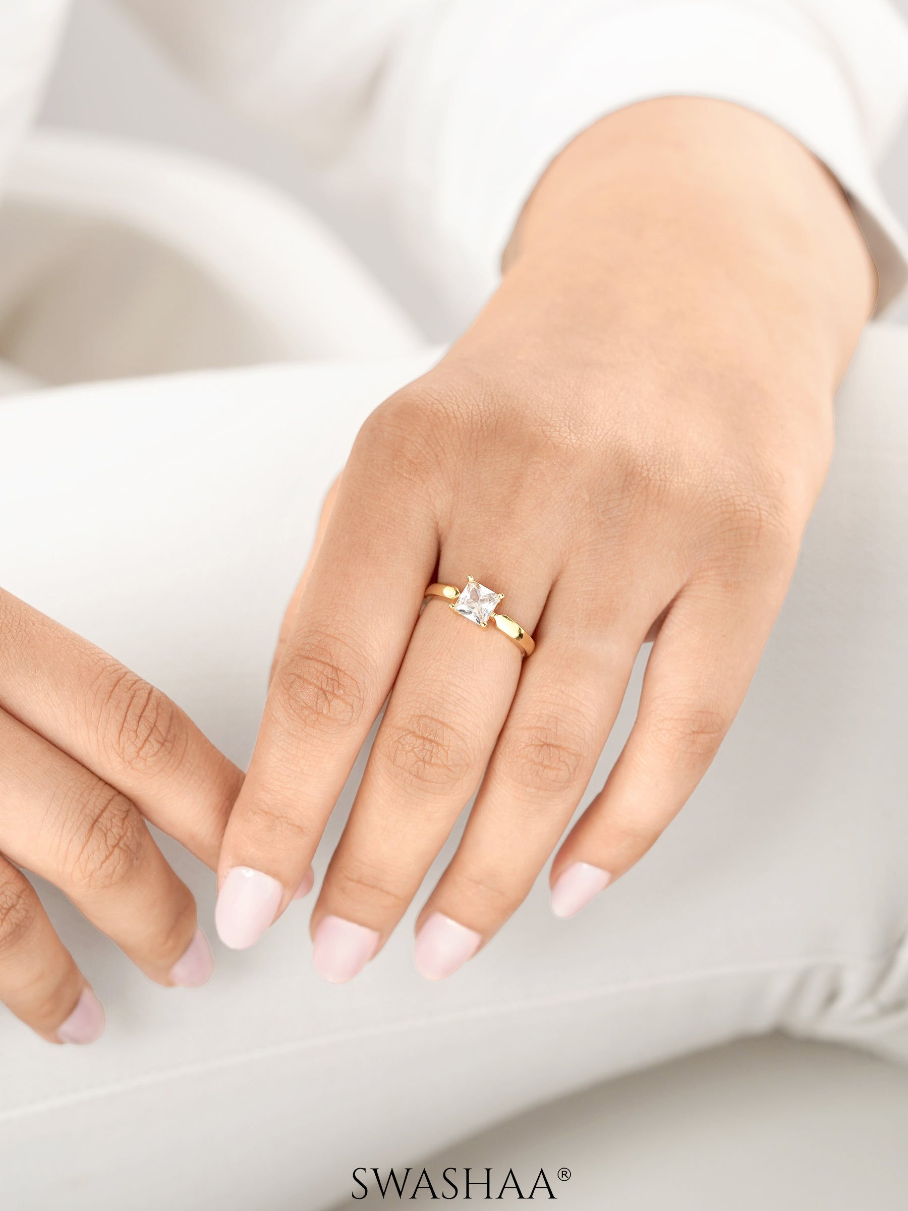 Tashi Square Diamond Solitaire 18K Gold Plated Ring