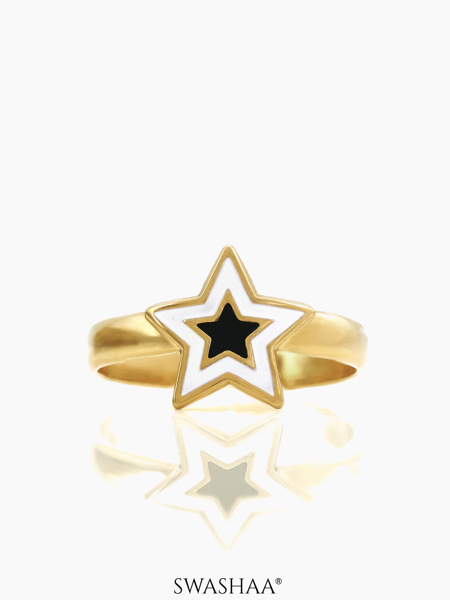 Telca Star Black White Enamel 18K Gold Plated Ring