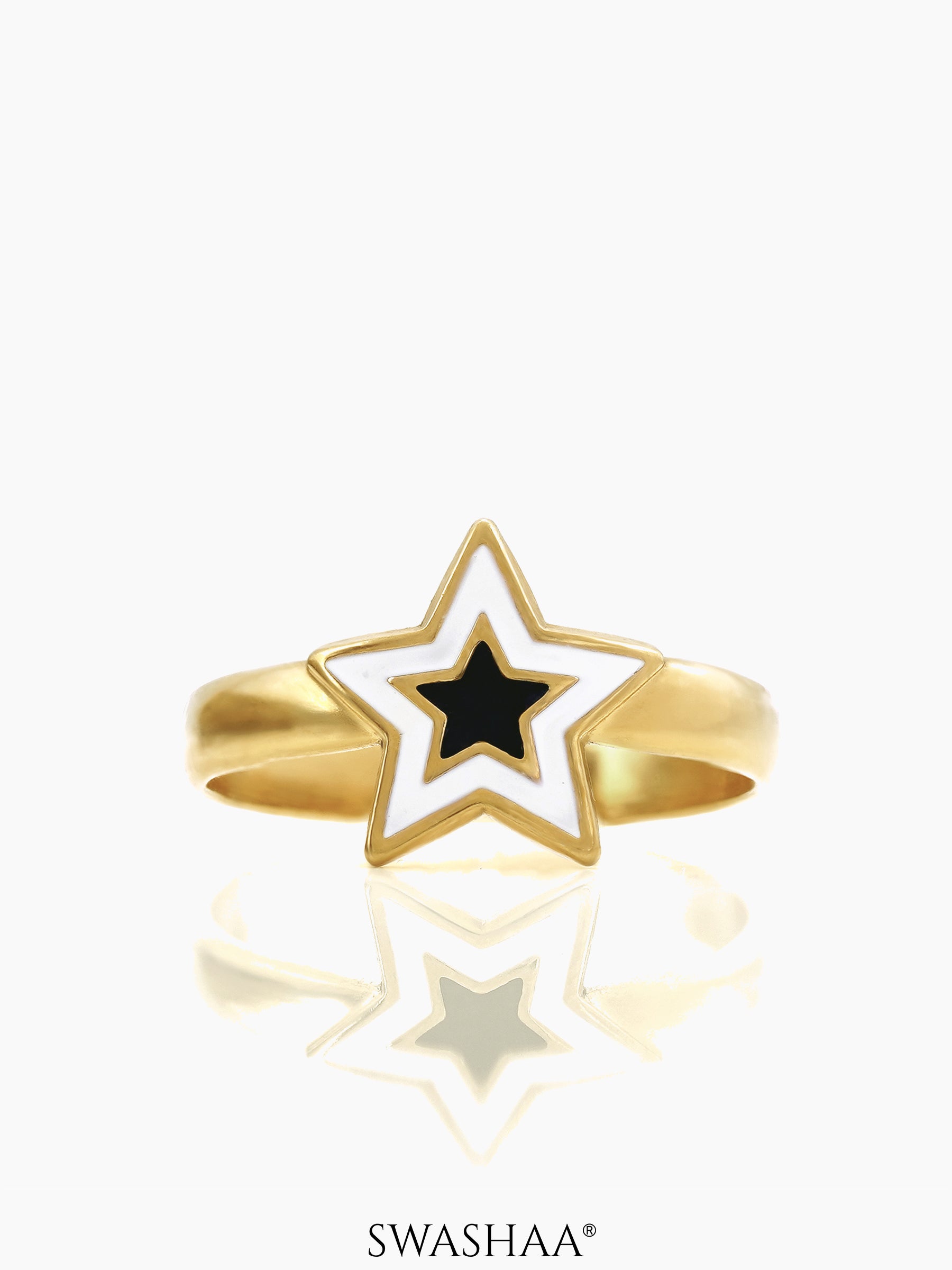 Telca Star Black White Enamel 18K Gold Plated Ring