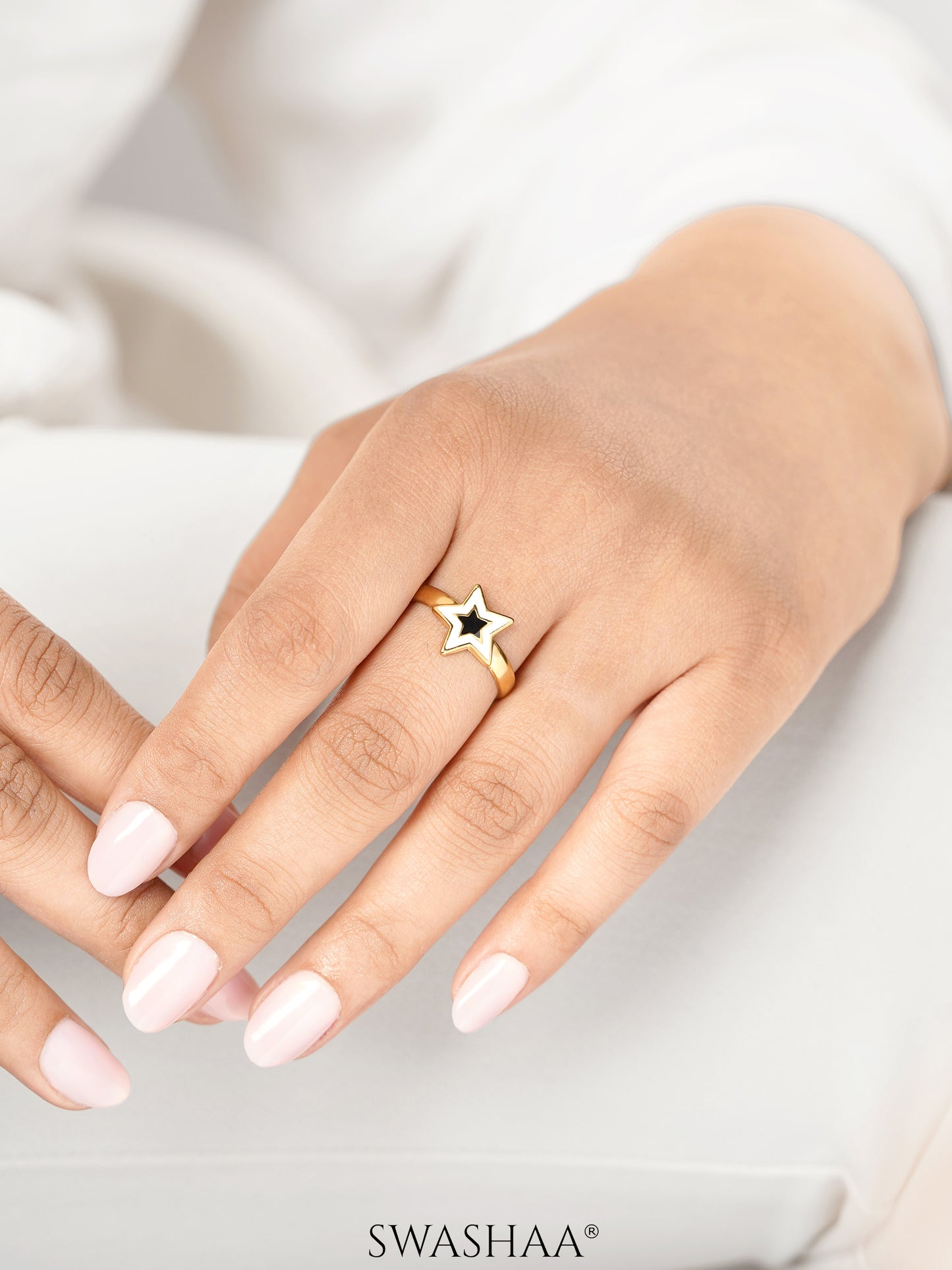 Telca Star Black White Enamel 18K Gold Plated Ring
