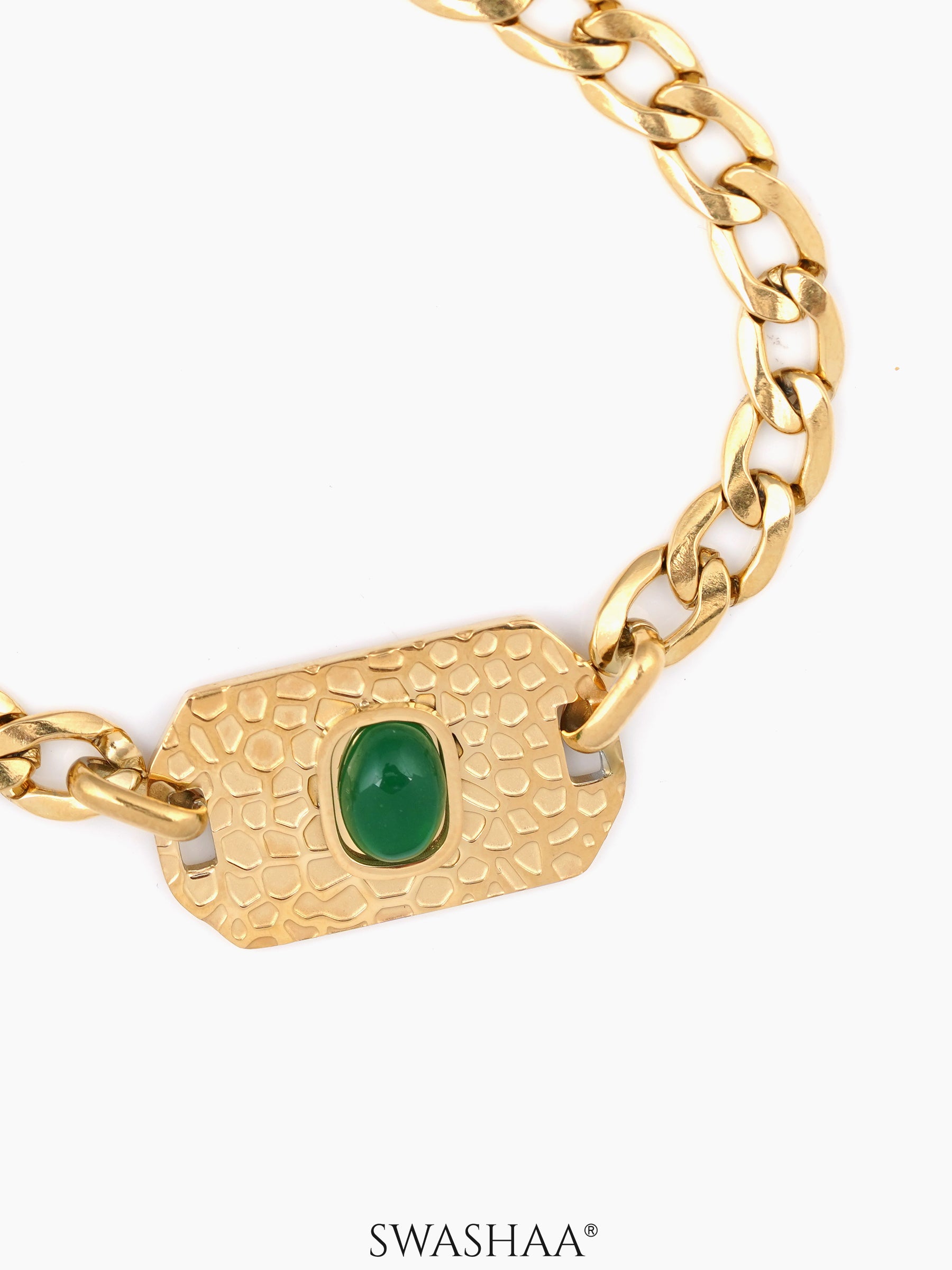 Textured Tag Green Stone Cuban Chain Men's Bracelet