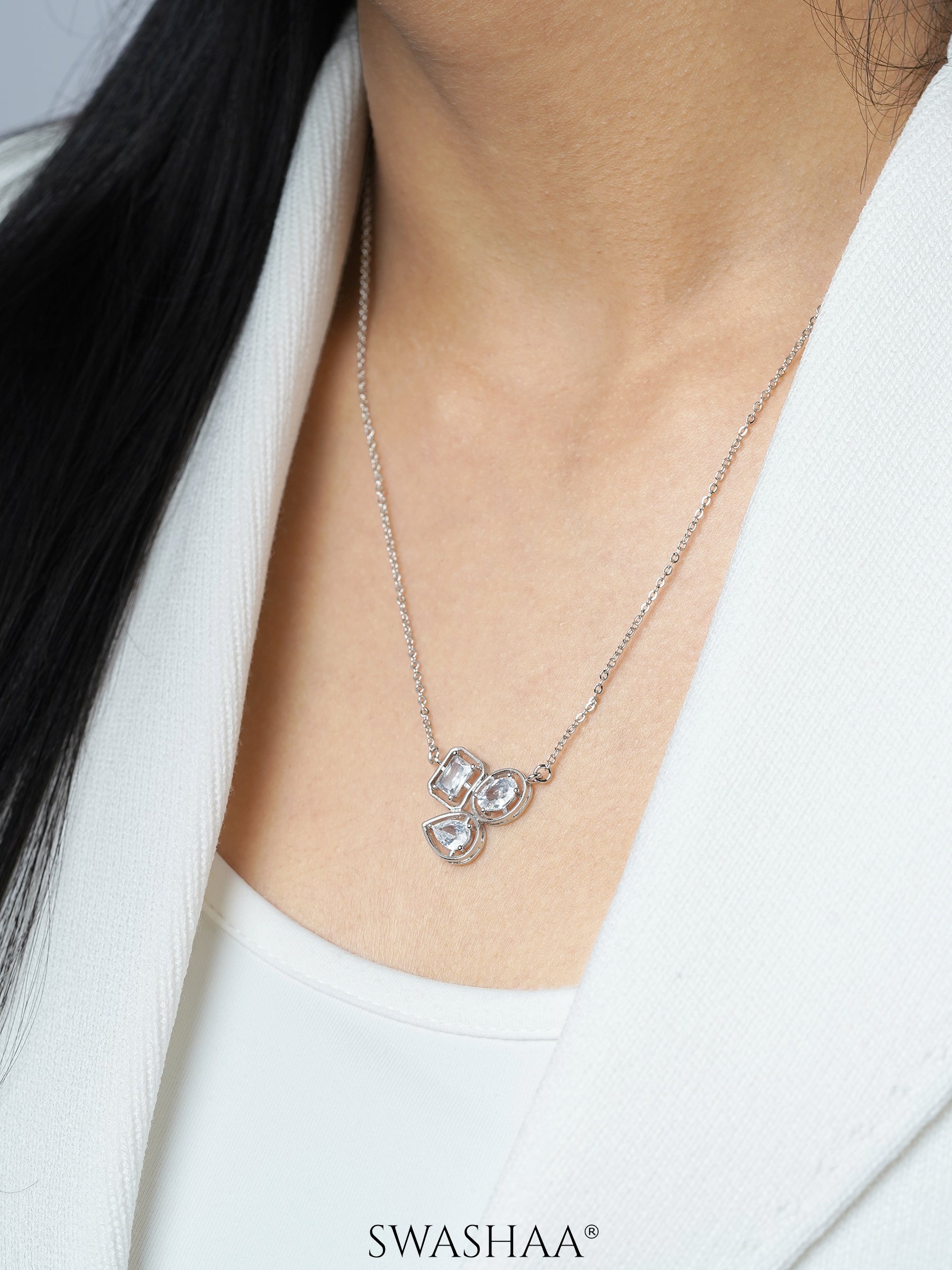 Three Star Pear Oval Emerald Silver Necklace