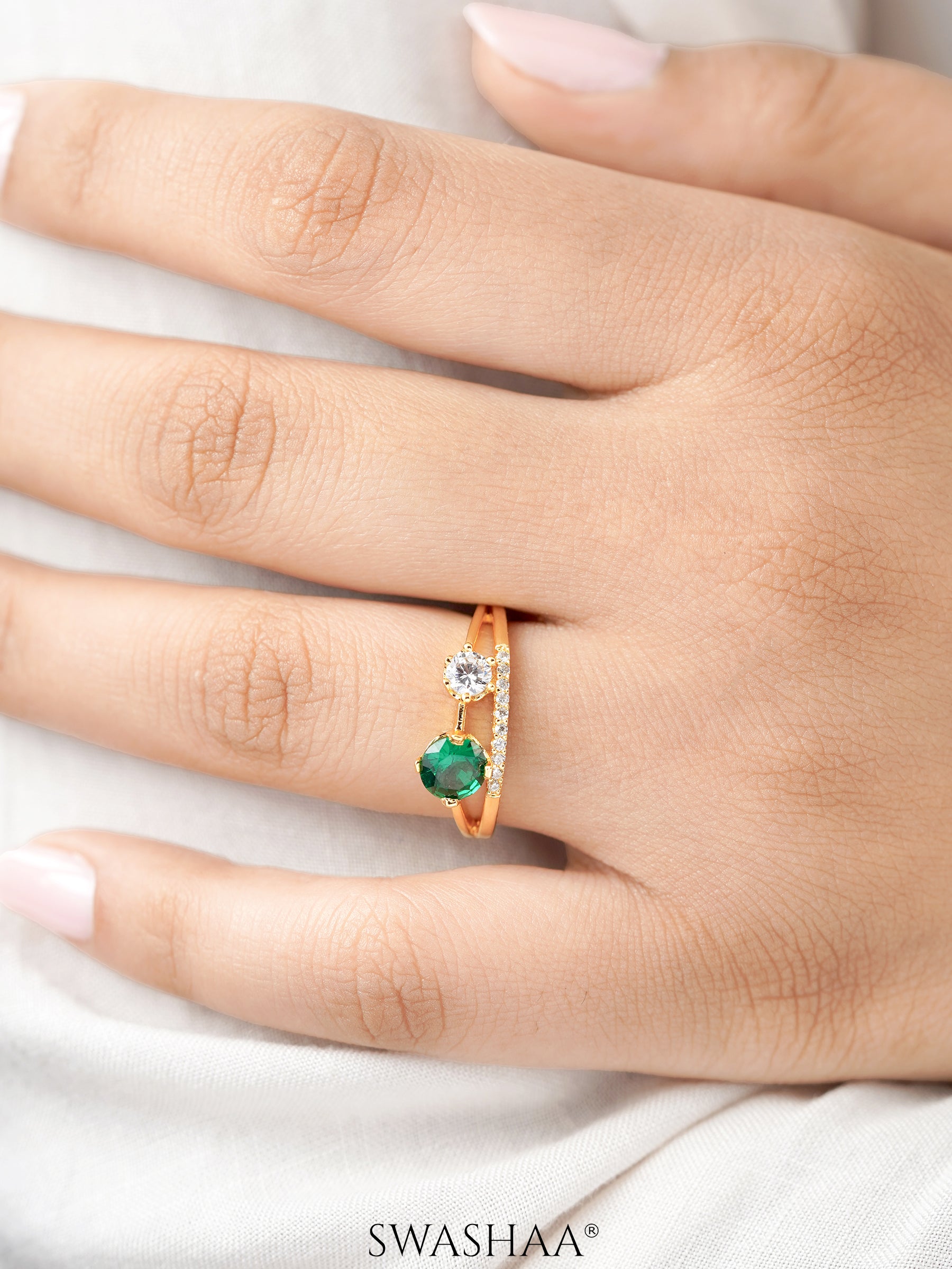 Tiahna Double Diamond Solitaire Green 18K Gold Plated Ring