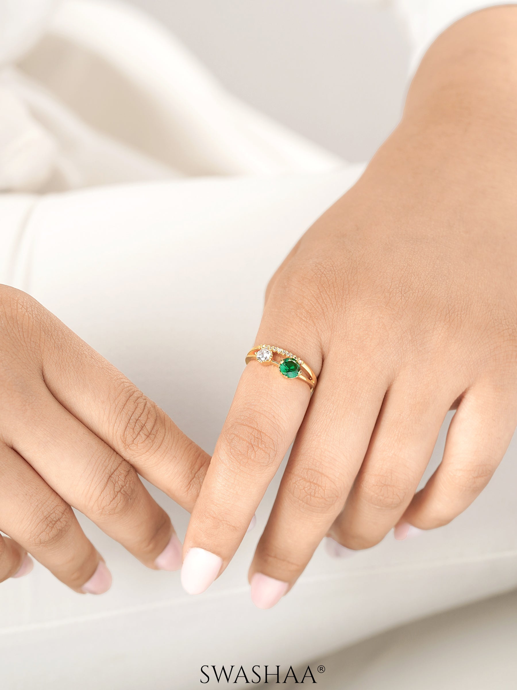 Tiahna Double Diamond Solitaire Green 18K Gold Plated Ring