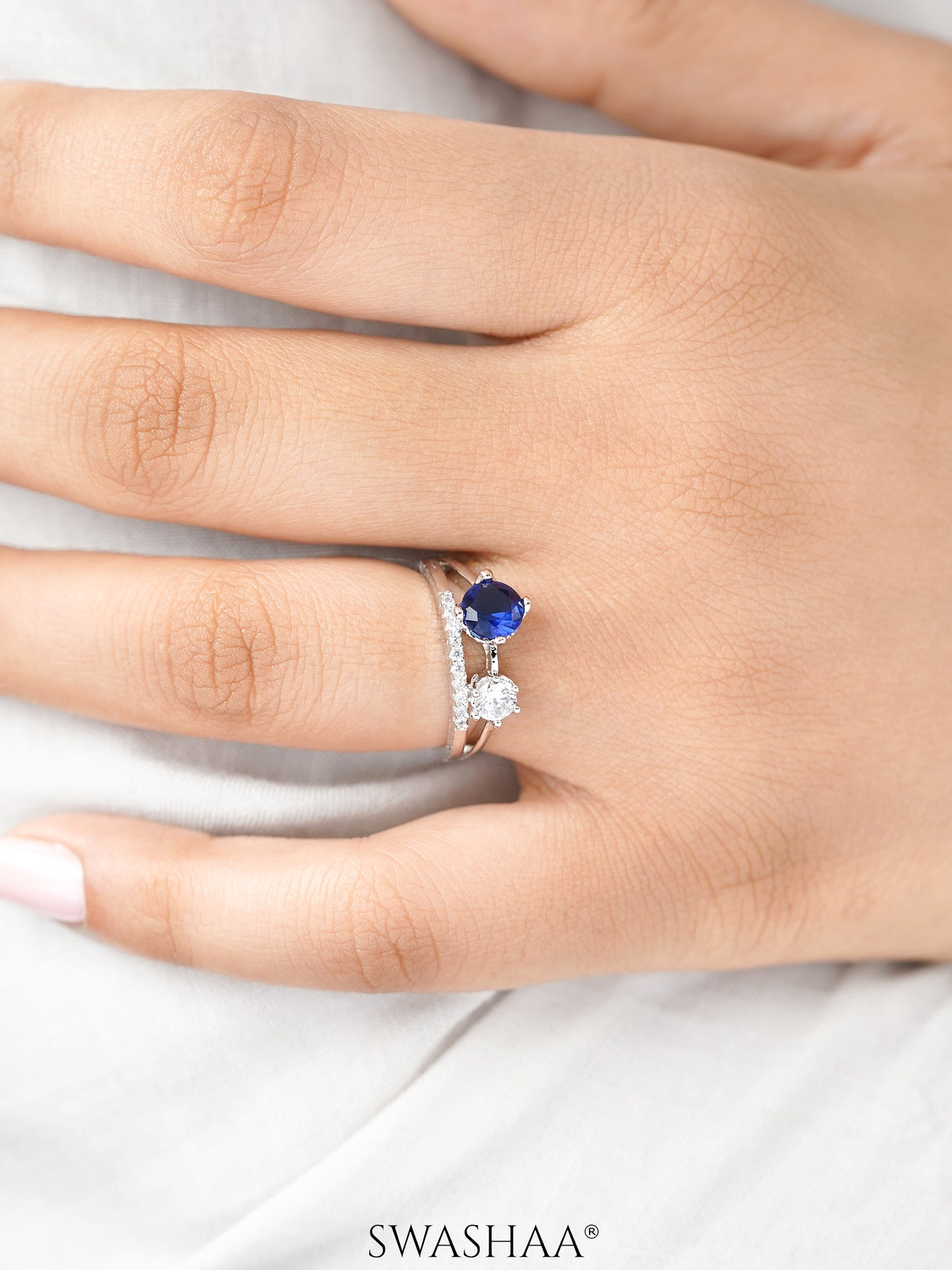 Tiahna Double Diamond Solitaire Blue Silver Ring