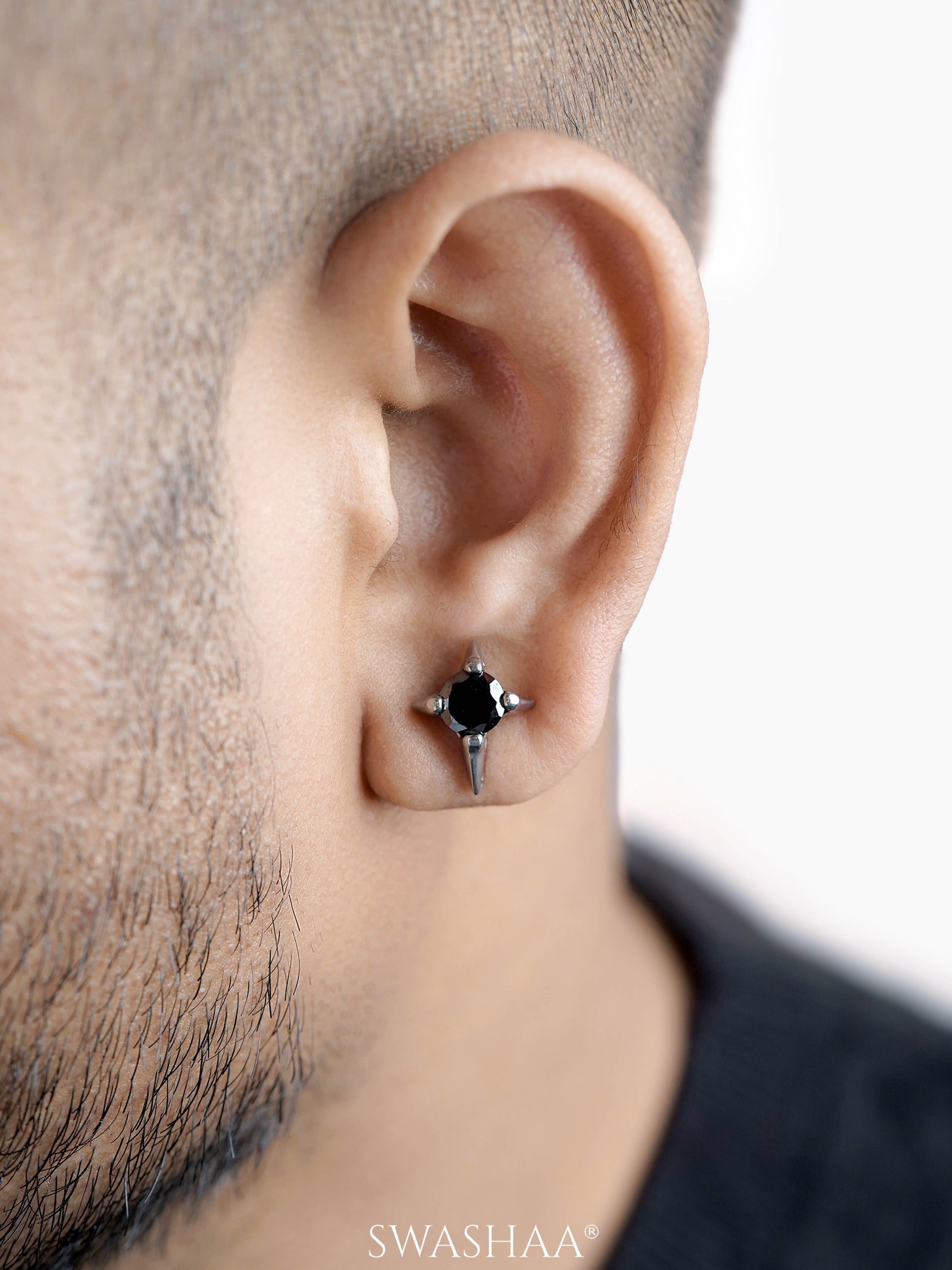 Timoty Bold Star Black Stone Silver Men's Studs Earrings
