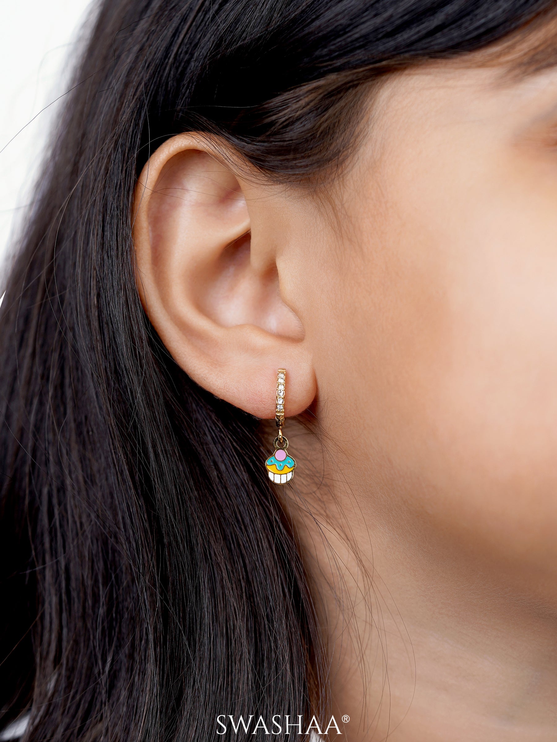 Tiny Cupcake Diamond Charm 18K Gold Plated Kid's Hoop Dangling Earrings