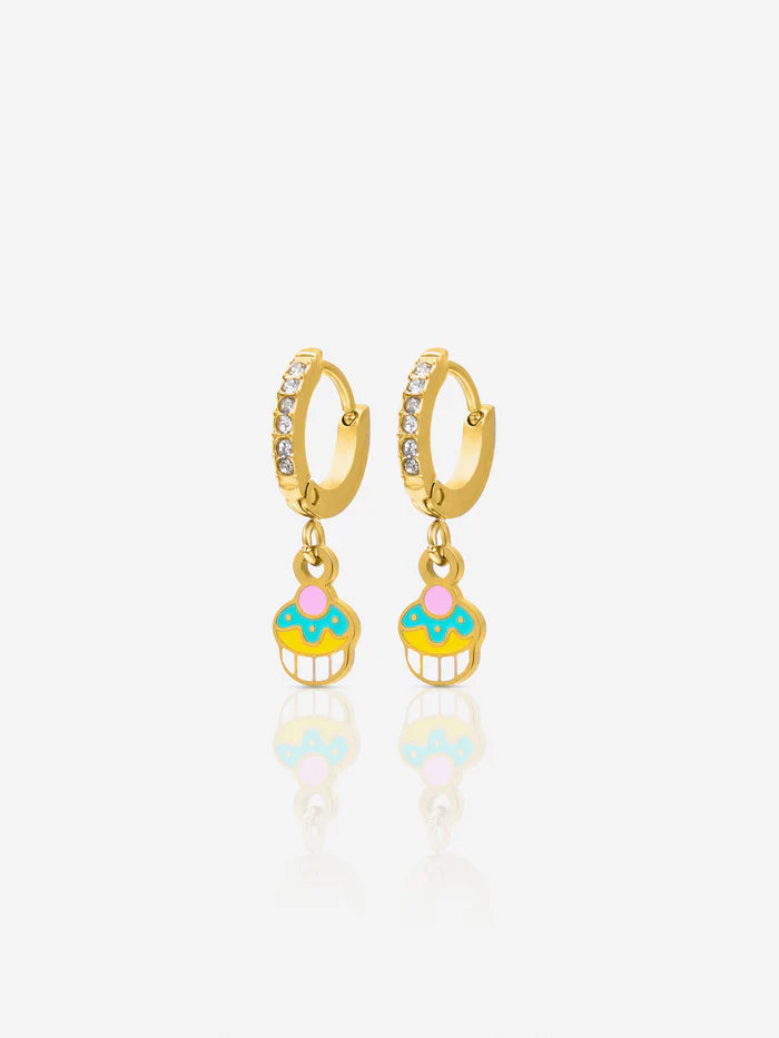 Tiny Cupcake Diamond Charm 18K Gold Plated Kid's Hoop Dangling Earrings