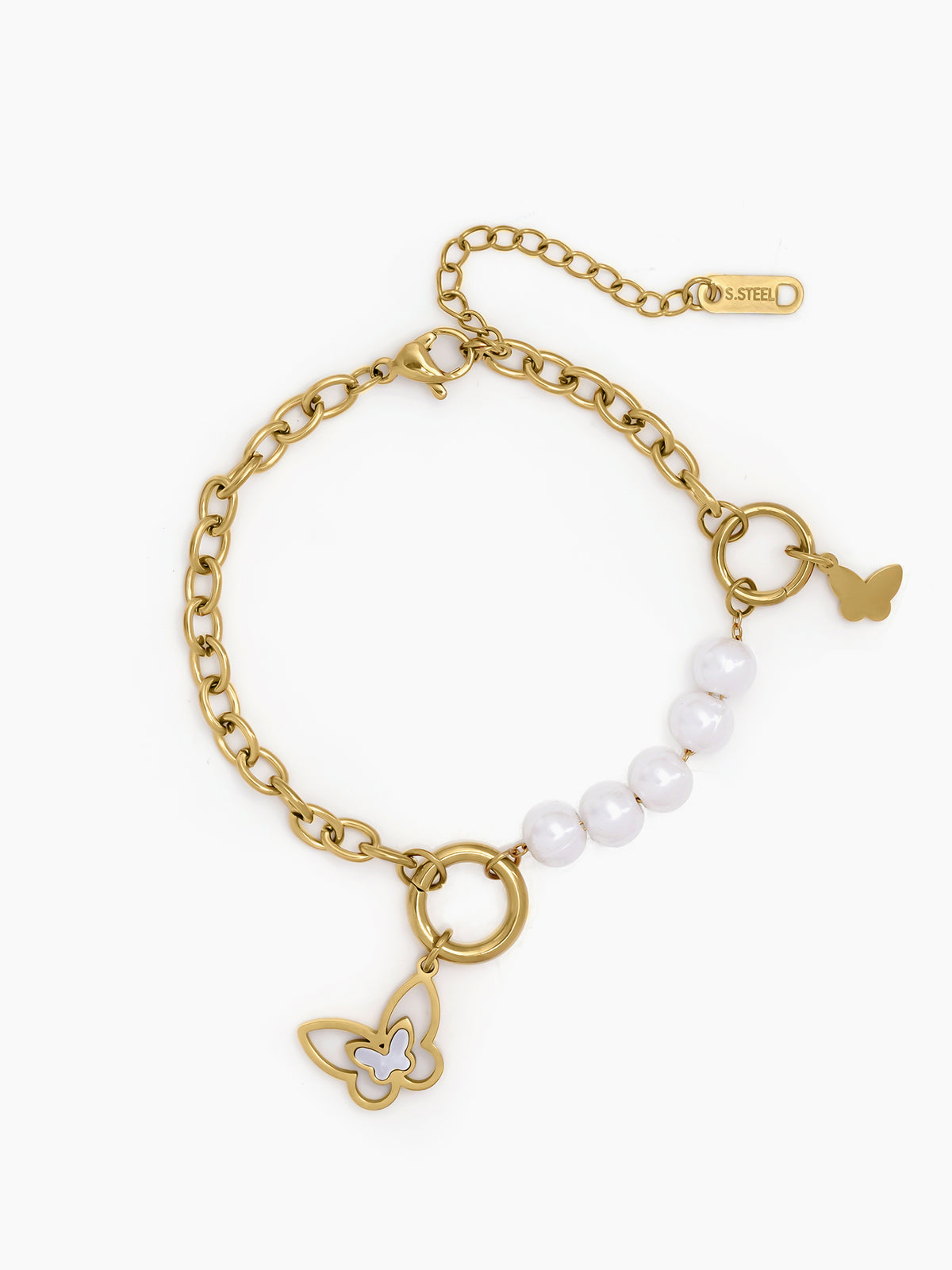 Tivya Butterfly Pearl Dangling Butterfly
Charm, White Pearl Bead 18K Gold Plated Charm Women's Bracelet