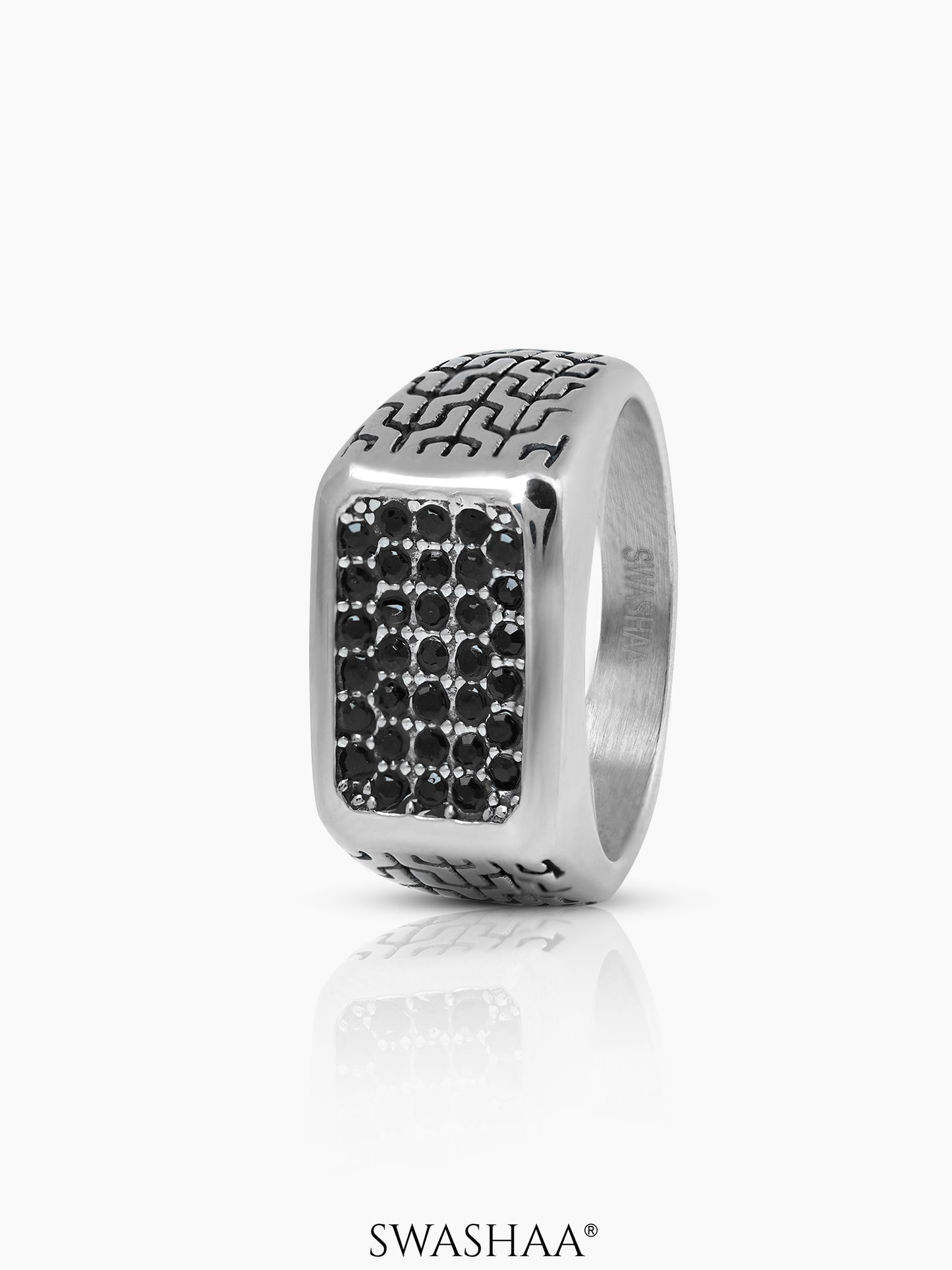 Torque Black Pave Diamond CZ Zircon Stones Rectangular Signet Band Men's Ring