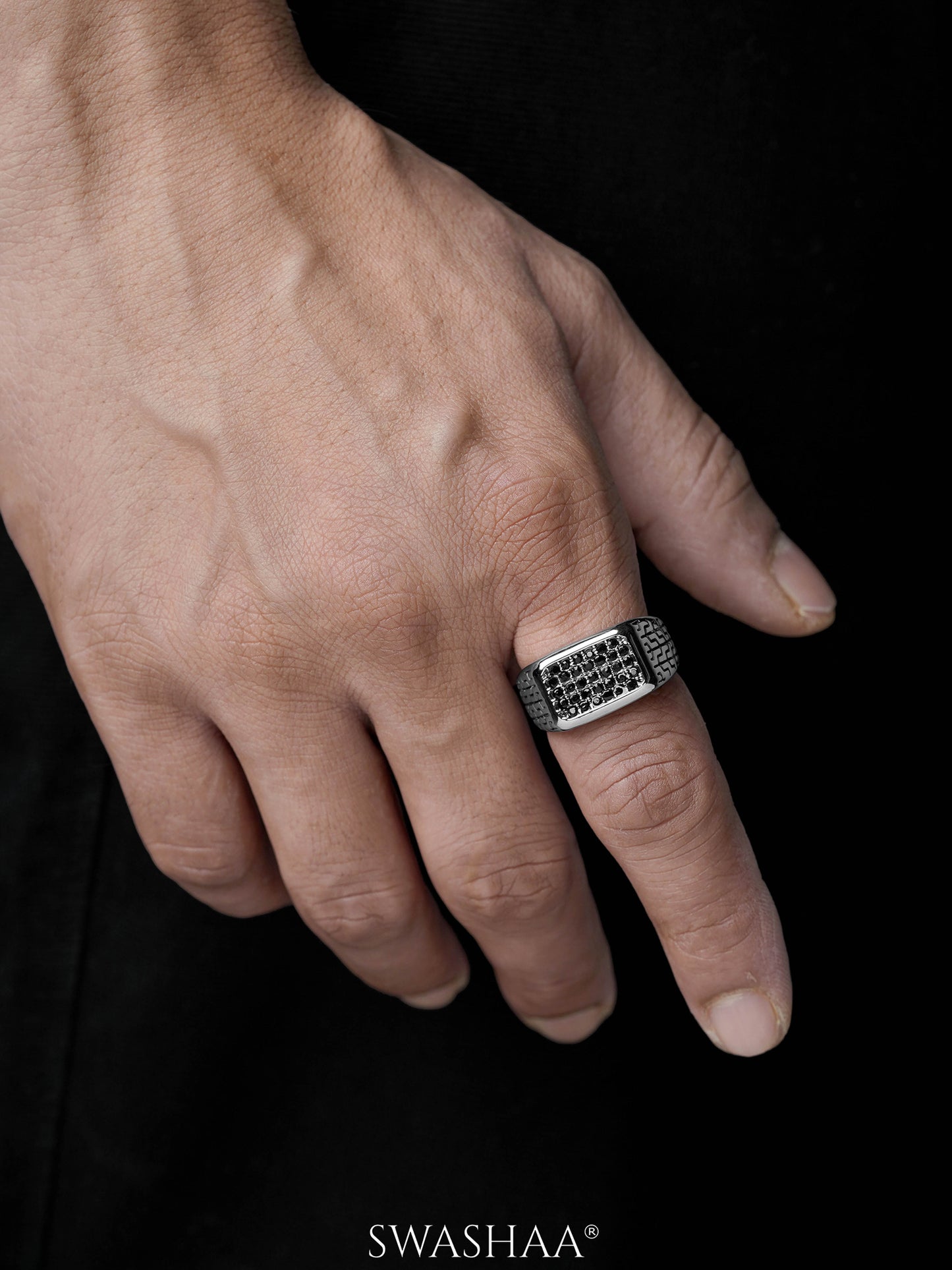 Torque Black Pave Diamond CZ Zircon Stones Rectangular Signet Band Men's Ring