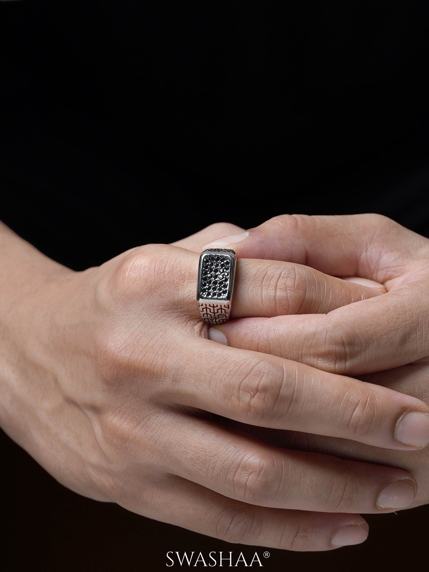 Torque Black Pave Diamond CZ Zircon Stones Rectangular Signet Band Men's Ring