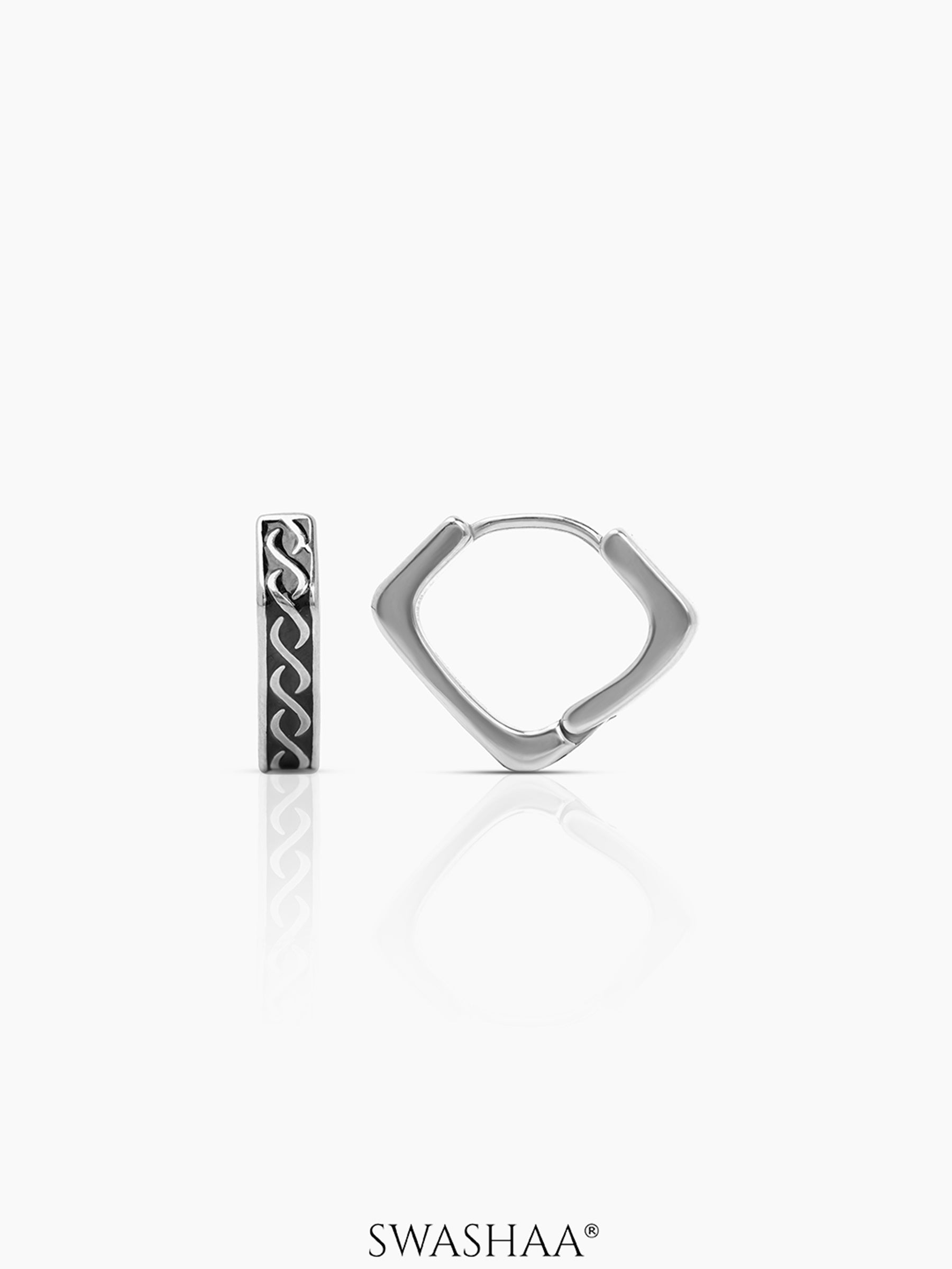 Troy Carved Swirl Square Silver Men's Hoop Earrings