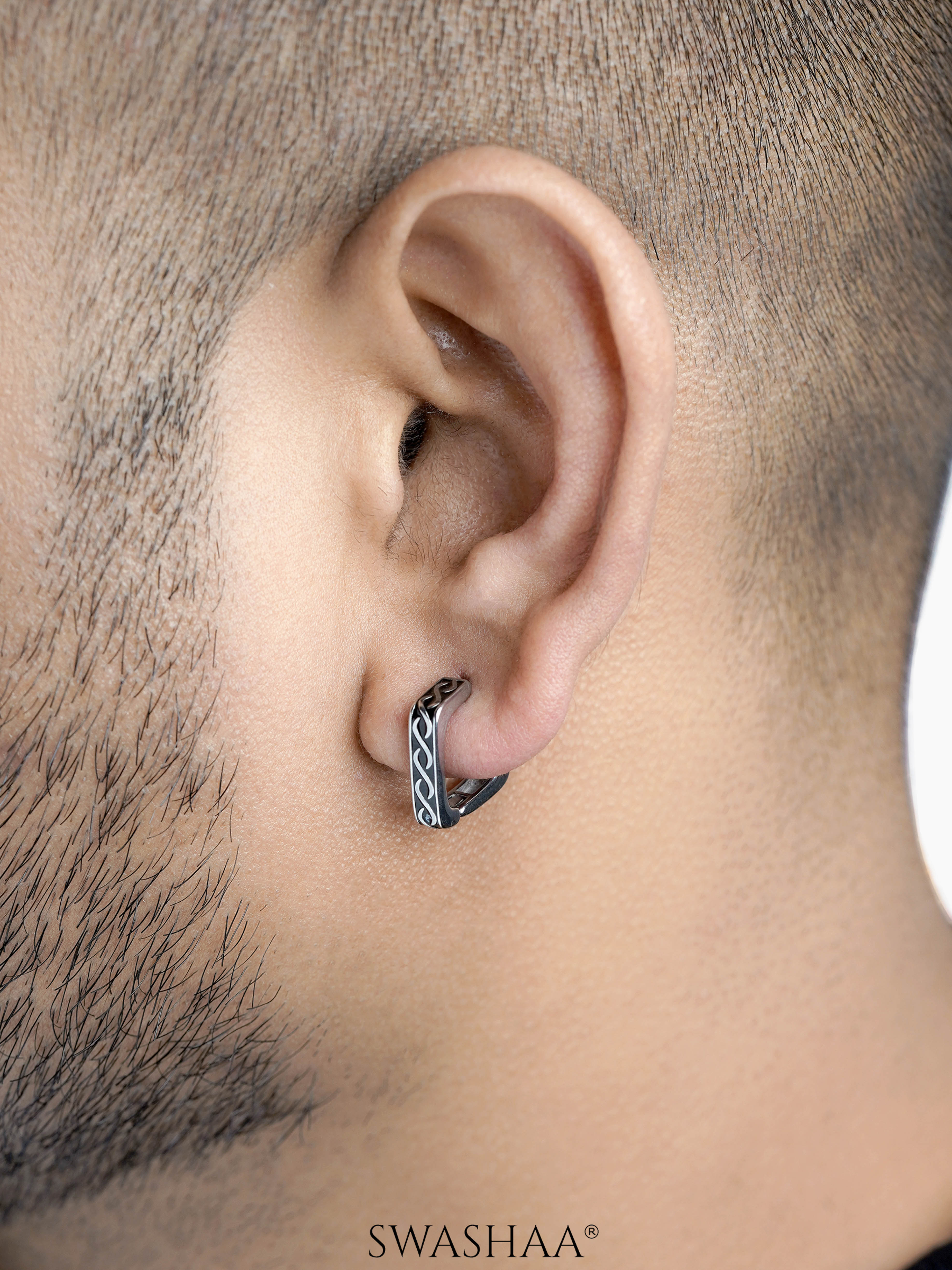 Troy Carved Swirl Square Silver Men's Hoop Earrings