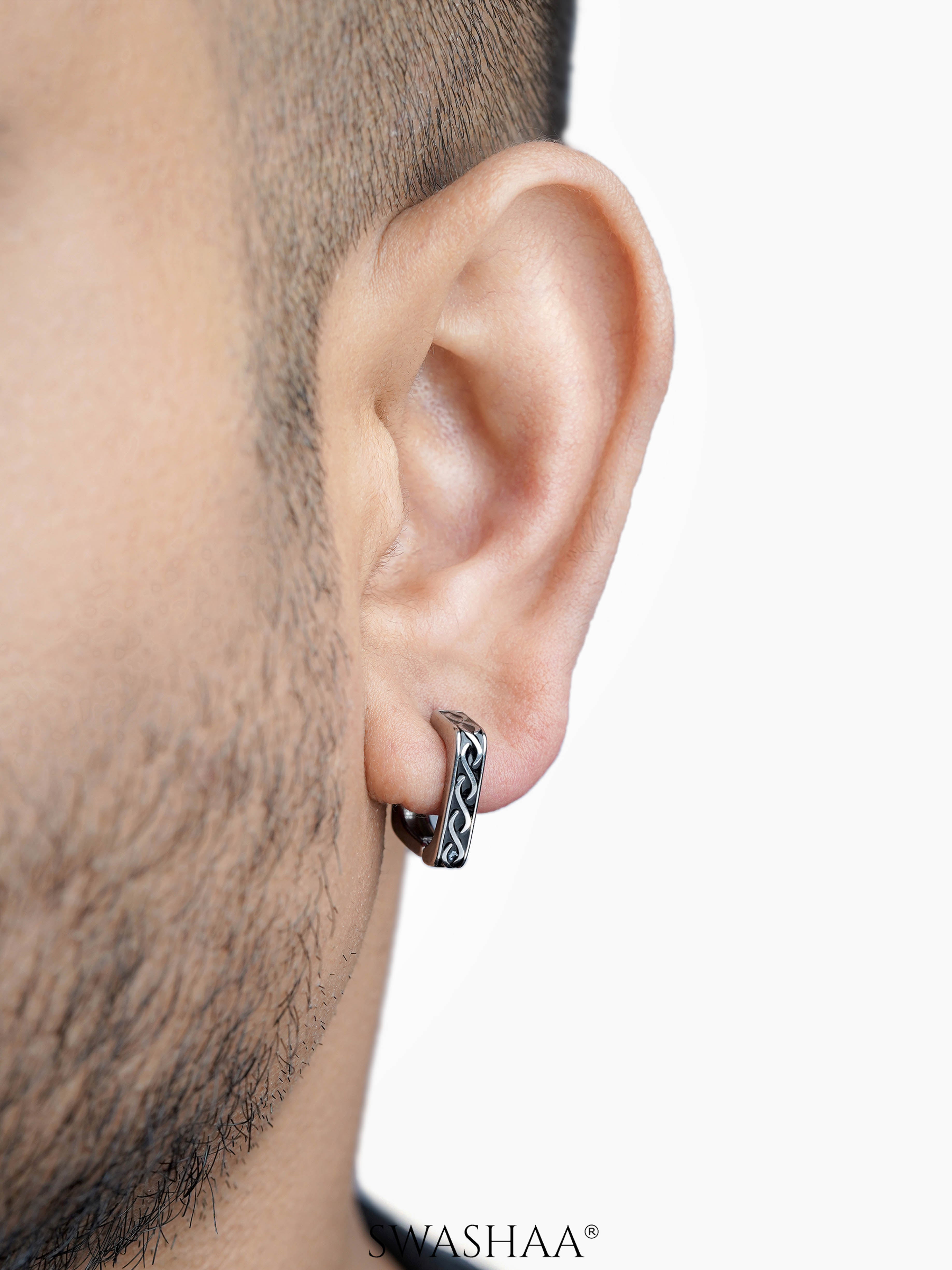 Troy Carved Swirl Square Silver Men's Hoop Earrings