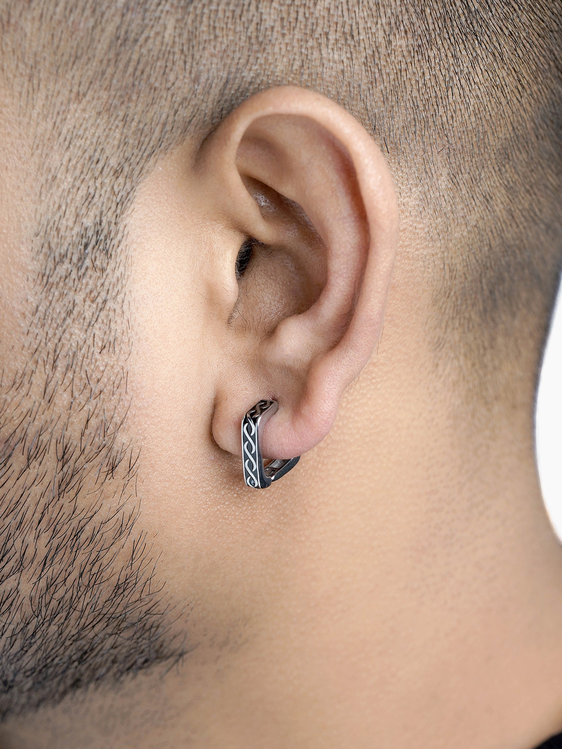 Troy Carved Swirl Square Silver Men's Hoop Earrings