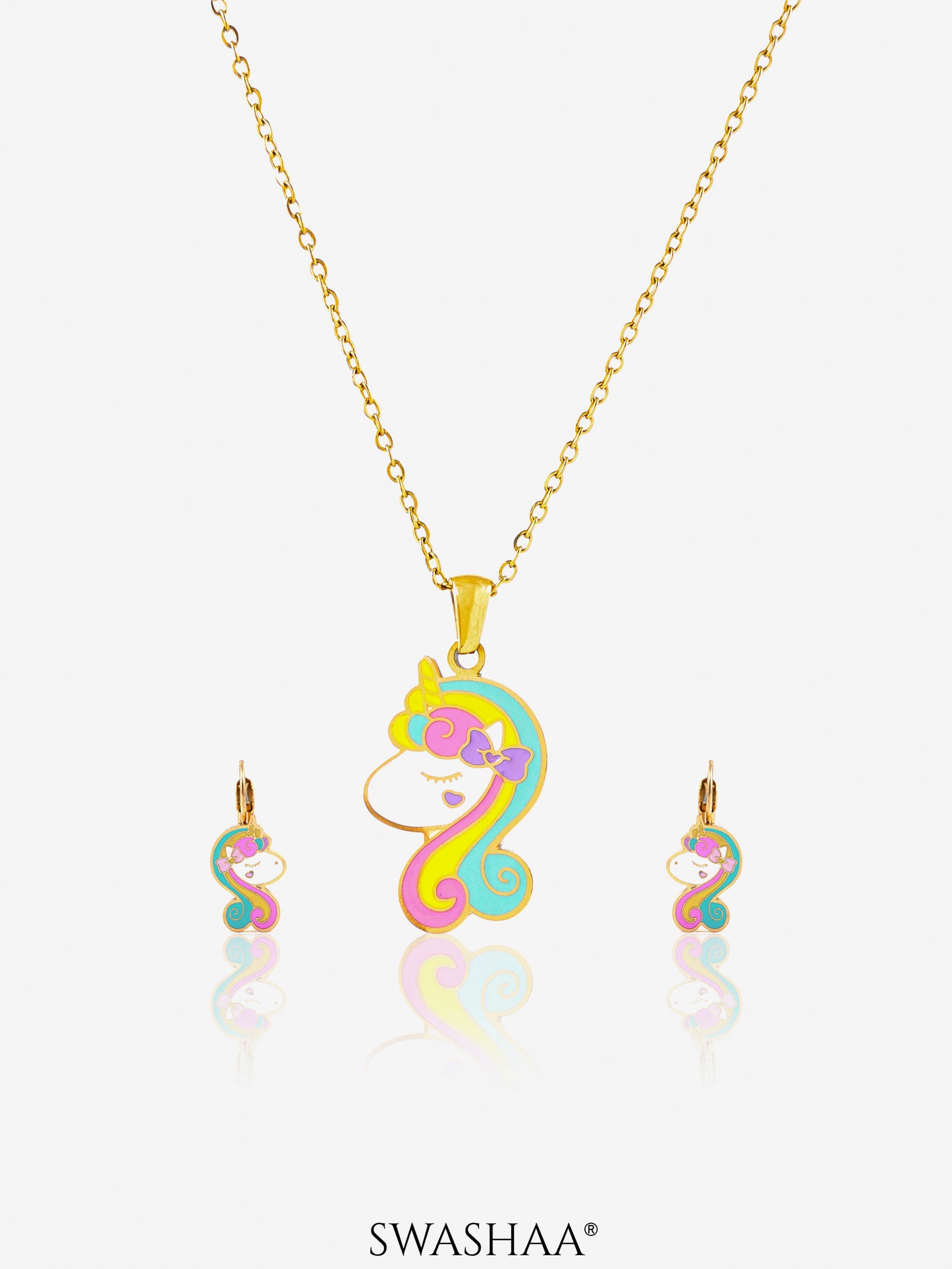 Unicorn Face 18K Gold Plated Kid's Pendant Necklace Set