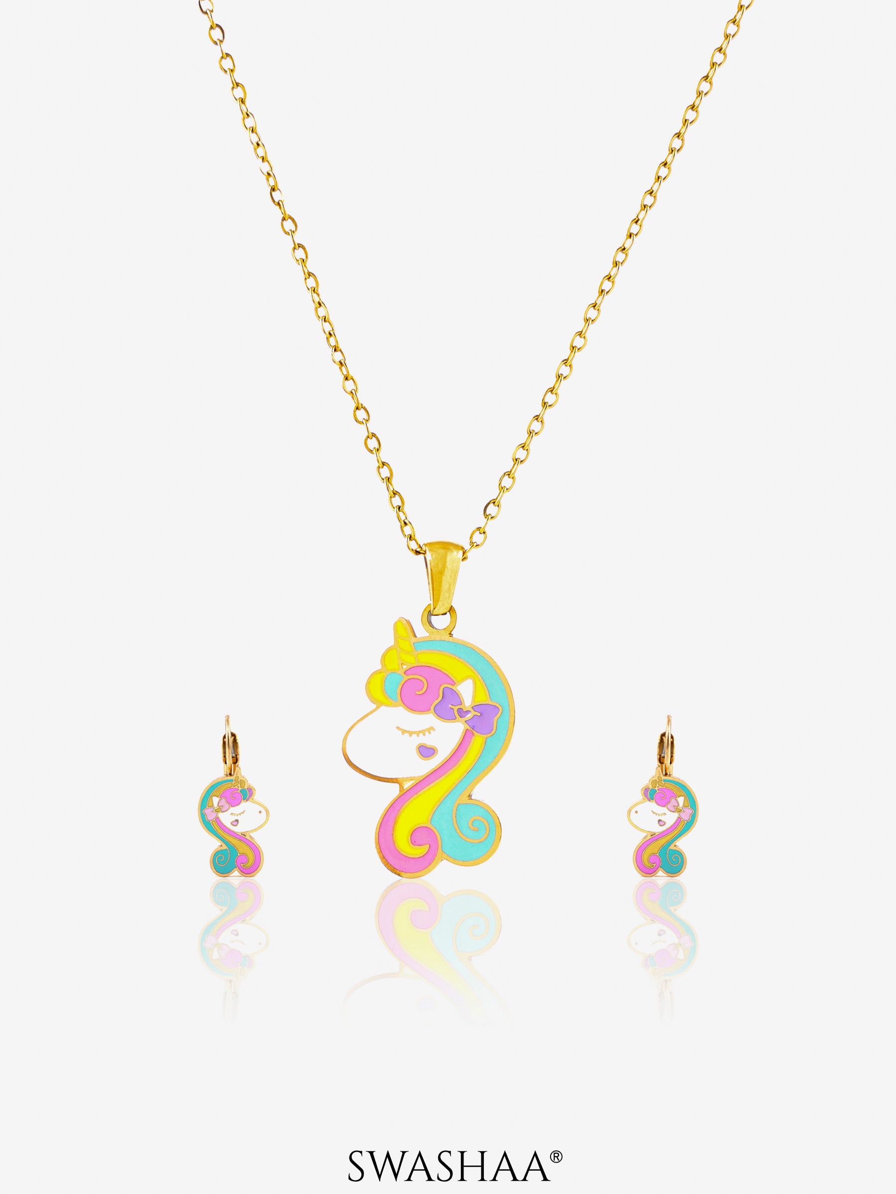 Unicorn Face Charm 18K Gold Plated Kid's Pendant Necklace Set