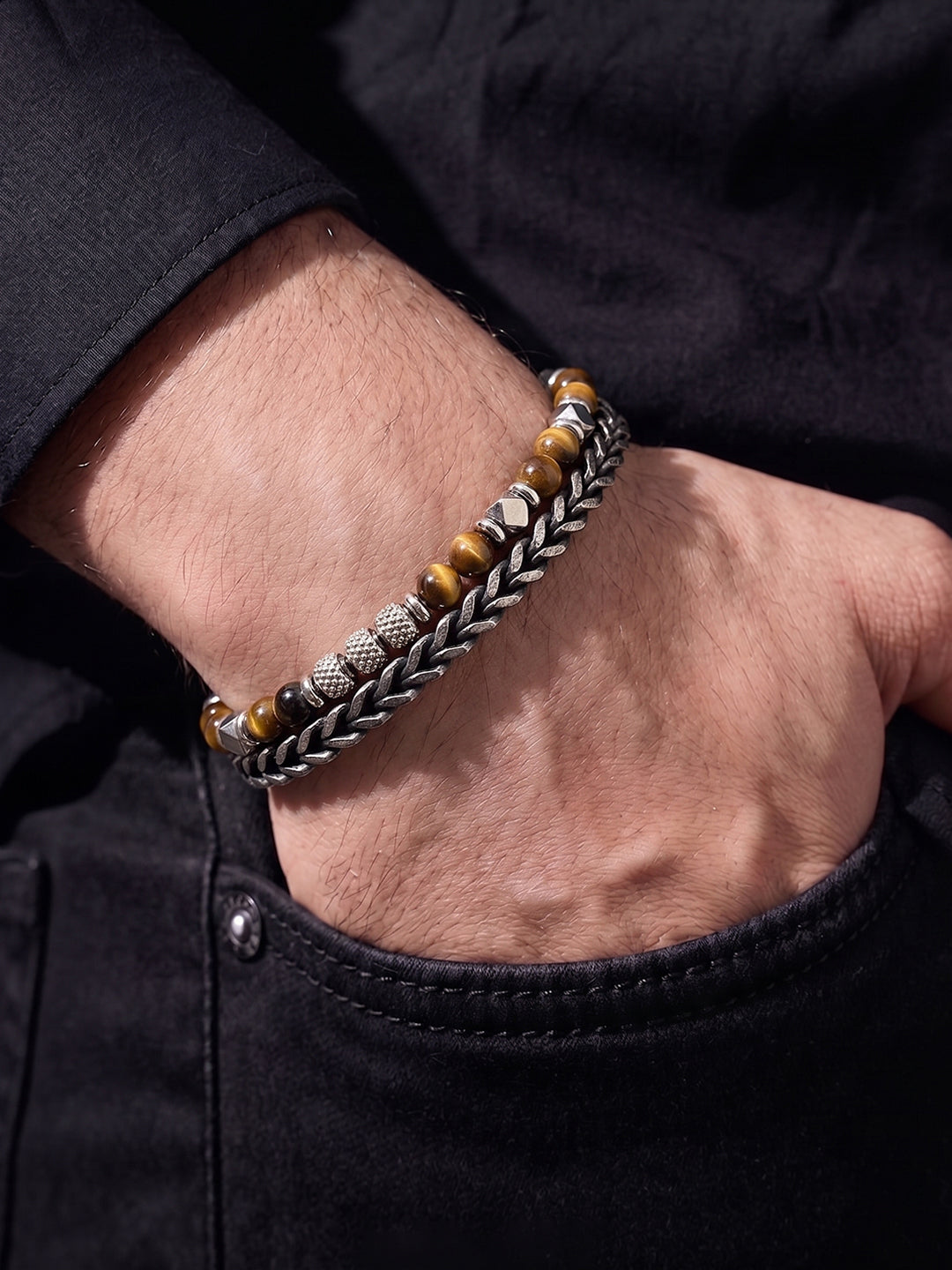 Vaelen Black-Silver Beaded Men’s Chain Bracelet - Swashaa