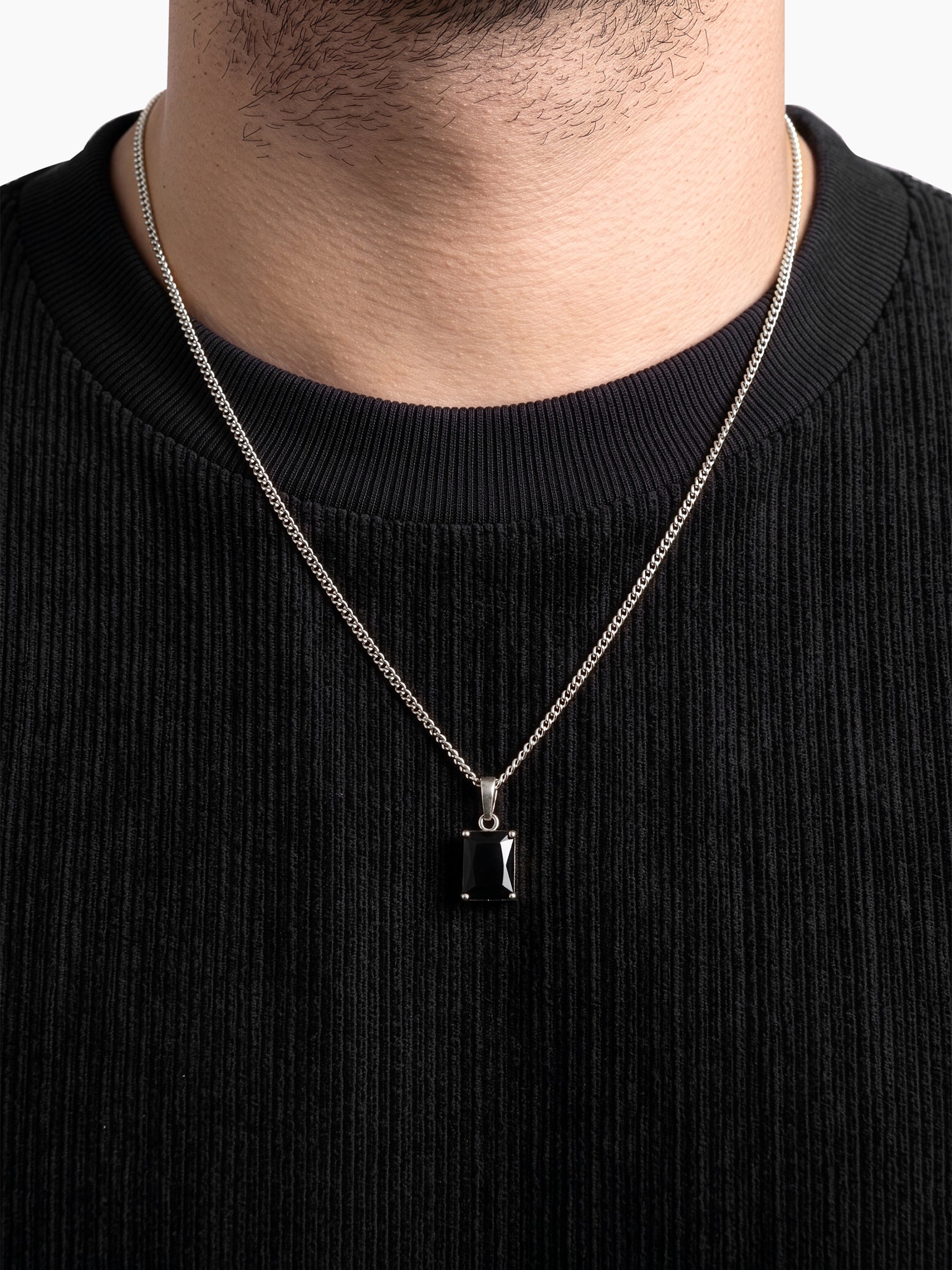 Vaeron Black Rectangular Stone Silver Men's Chain Pendant