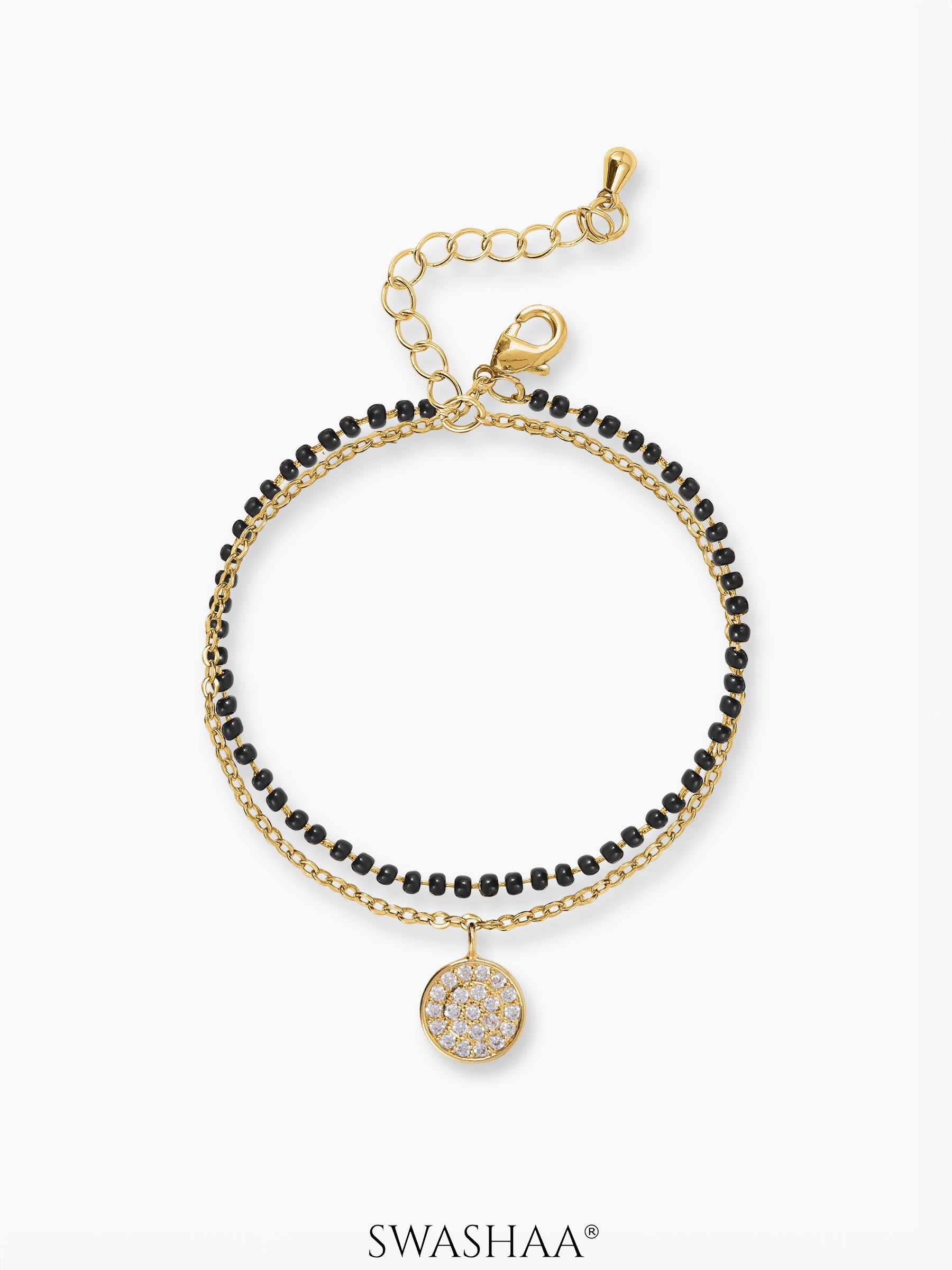 Vanya Multiple Layered Black Beads 14K Gold Plated Pendant Mangalsutra Bracelet