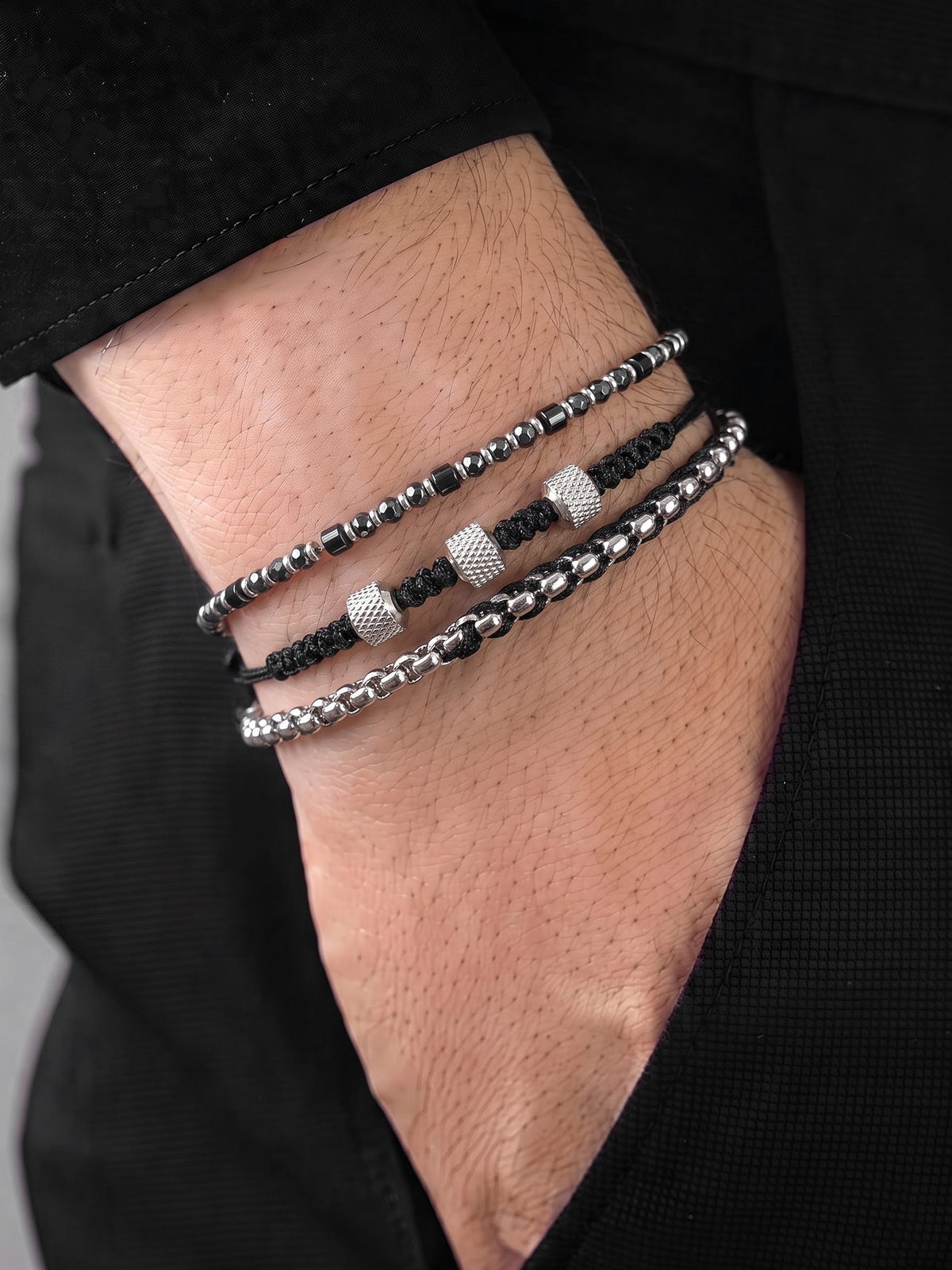 Varenzo Black - Silver Men's Bracelet Set