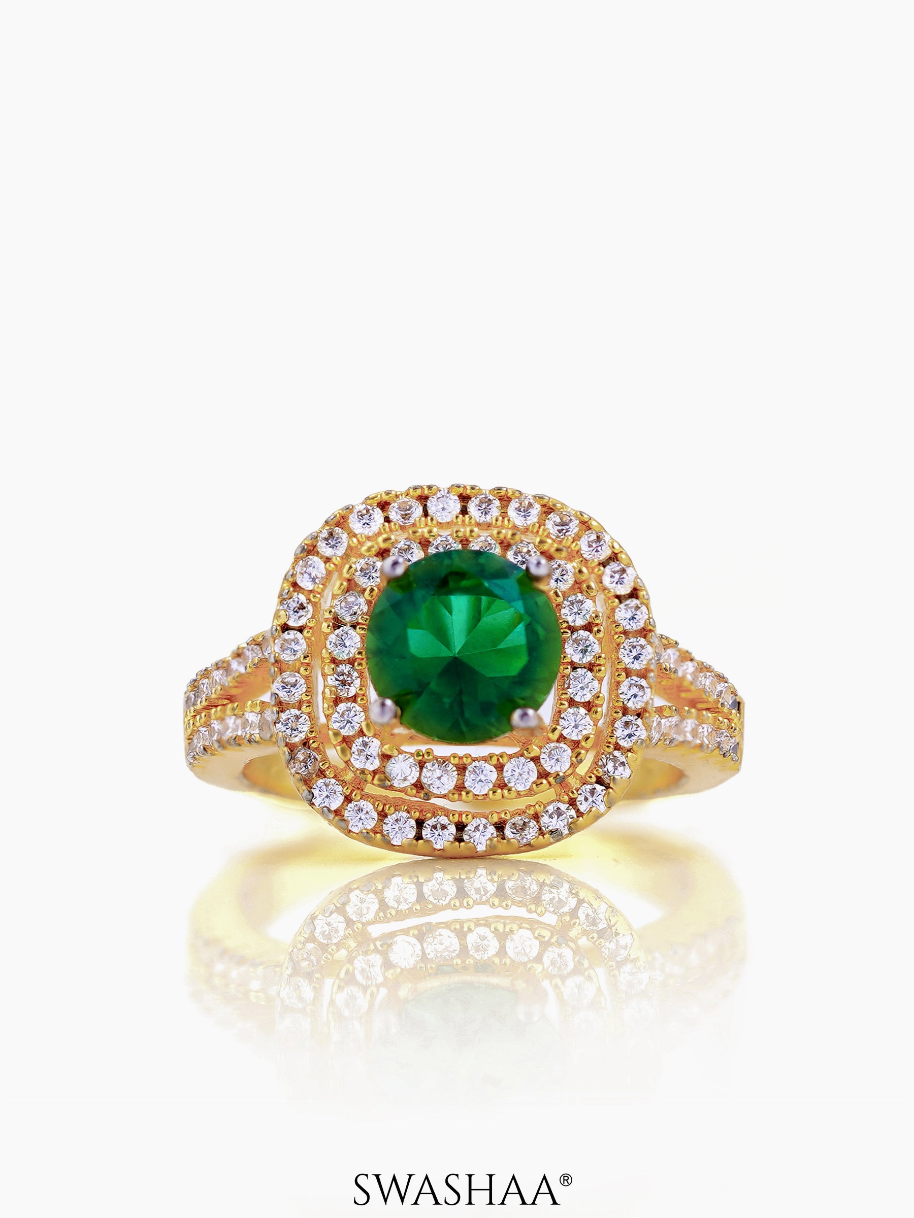 Vashti Emarald Green Cubic Baguette 18K Gold Plated Ring