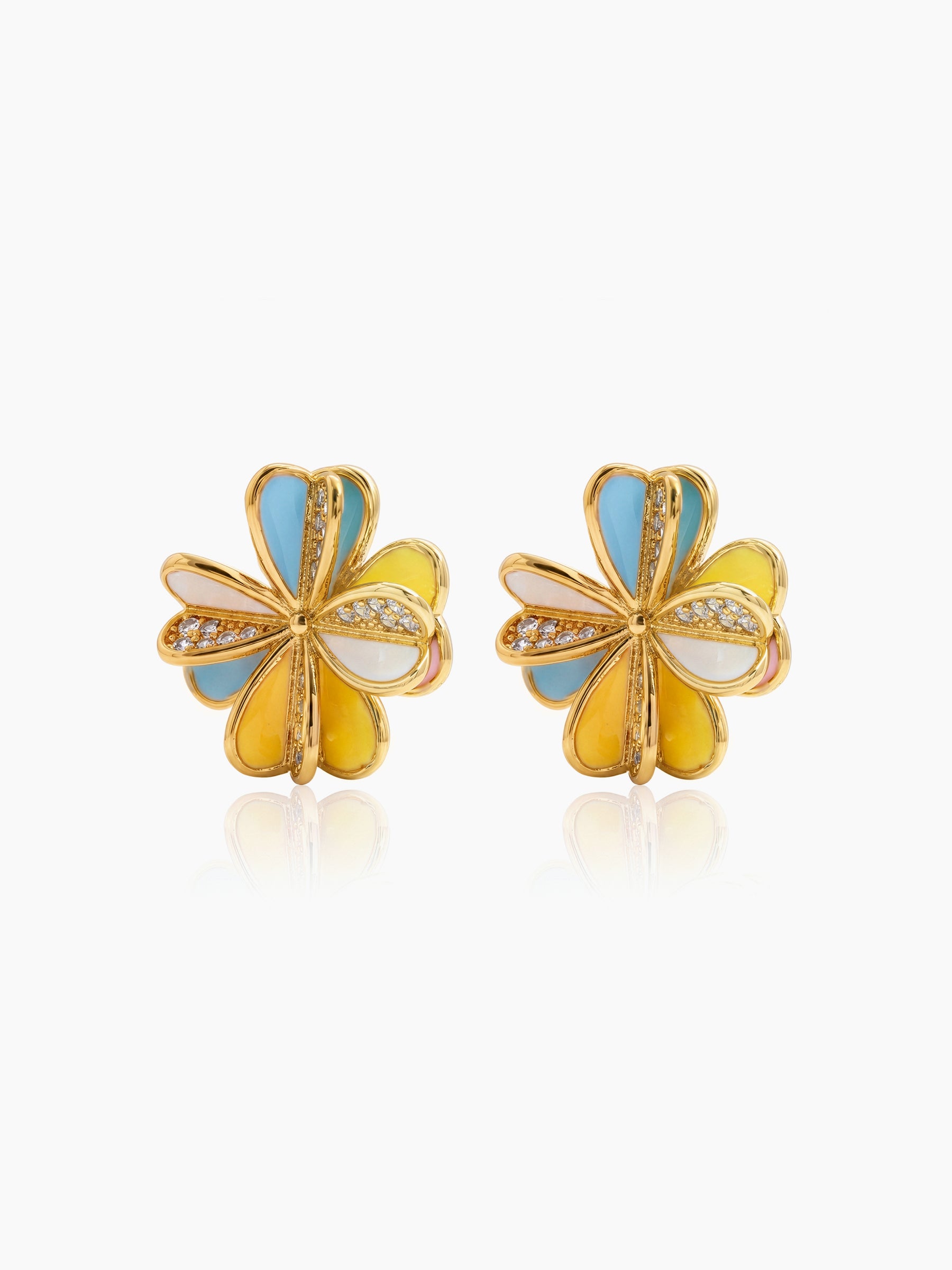 Vesira Multicolour Floral Clover Diamond Solitaire 18K Gold Plated Women's Stud Earrings
