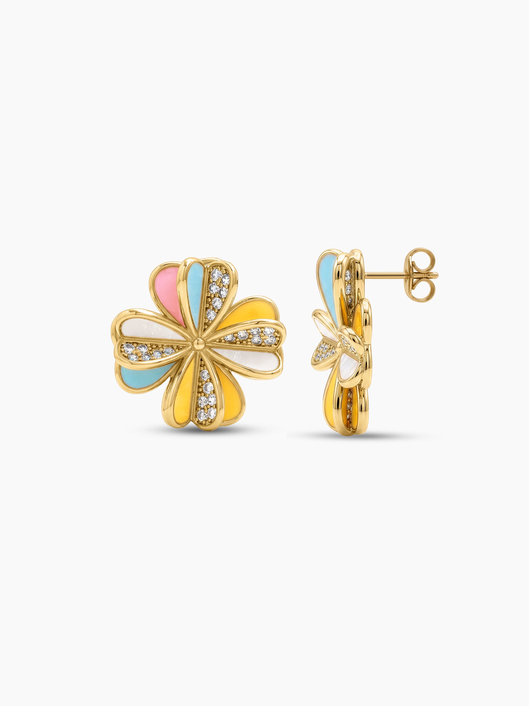 Vesira Multicolour Floral Clover Diamond Solitaire 18K Gold Plated Women's Stud Earrings